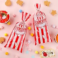 Vista 3 de Teling 100 bolsas de palomitas de maíz, 100 bolsas de palomitas de maíz para fiestas, bolsas de dulces de galletas a rayas rojas y blancas con 150