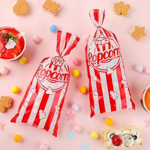 Miniatura 3 de Teling 100 bolsas de palomitas de maíz para fiestas, bolsas de dulces de galletas a rayas rojas y blancas con 150 lazos rojos para regalos de fiesta