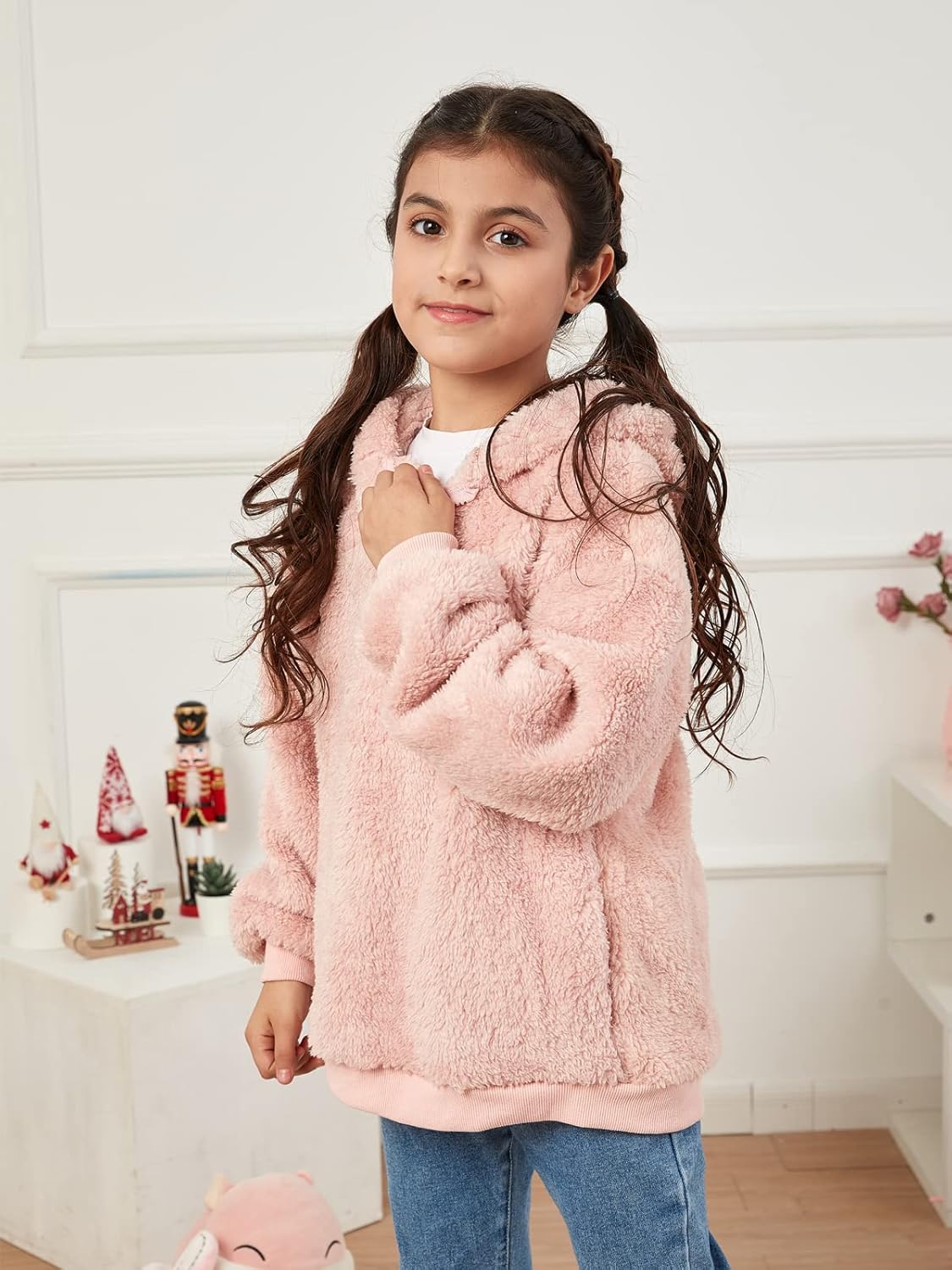Ofenbuy Kids Girl's Fuzzy Hoodies Zipper Warm Loose Sherpa Hooded Sweatshirt Pullover With Pockets - Image 3