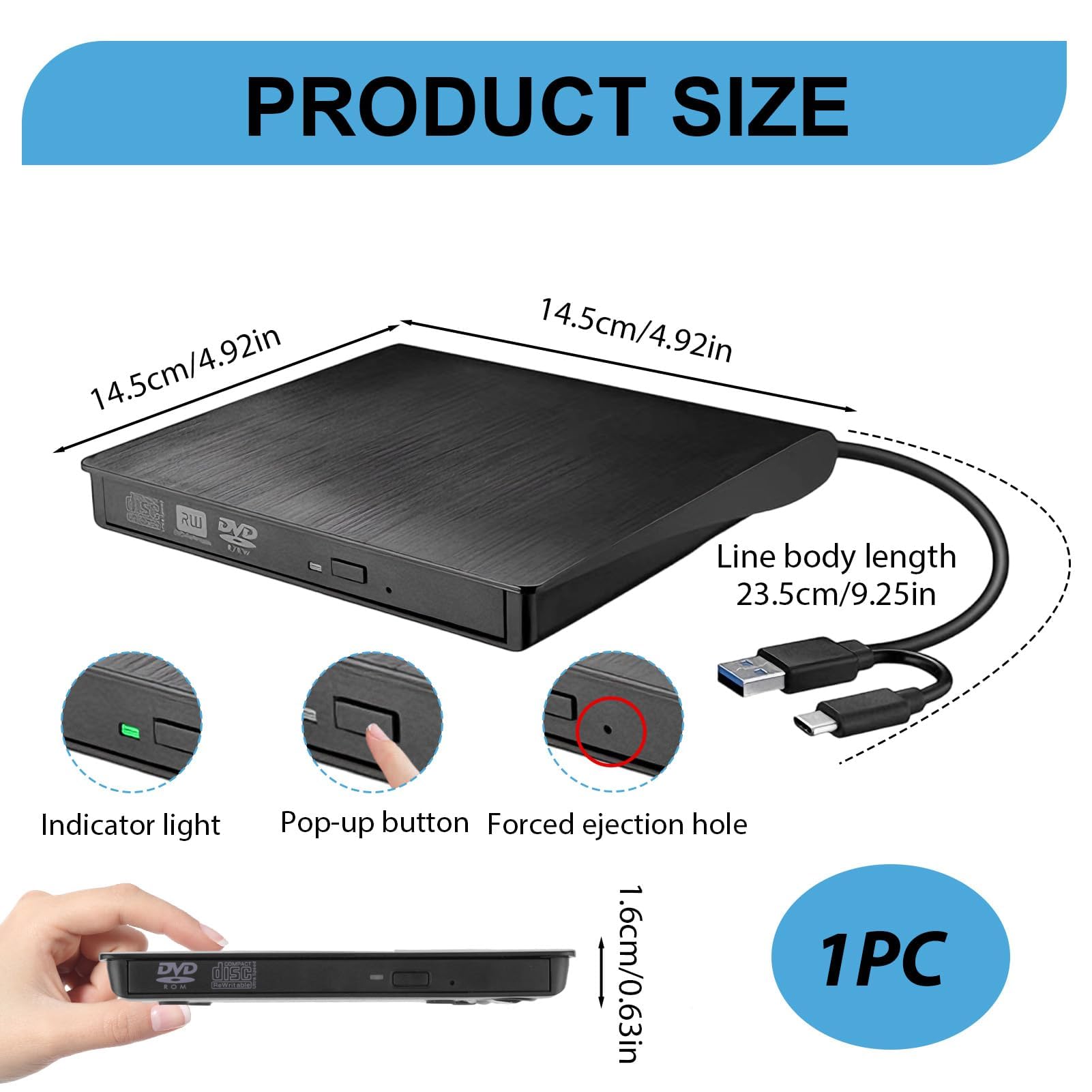 Aivane Grabadora CD/DVD Externa USB 3.0 y Type-C, Ultra-Slim CD/DVD +/-RW Drive Porttil Burner Lector DVD Externo para Windows 11/10/8/7/XP/Vista Linux MacOS Laptop Desktops — view 2