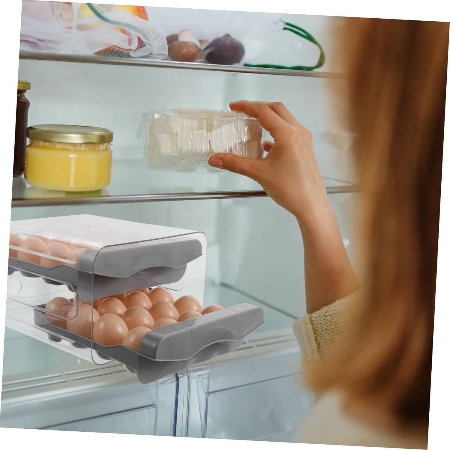 Transparent Double Layer Egg Storage Box with Lid Refrigerator Organizer Tray for Kitchen Drawer Egg Container for Freshness and Protection