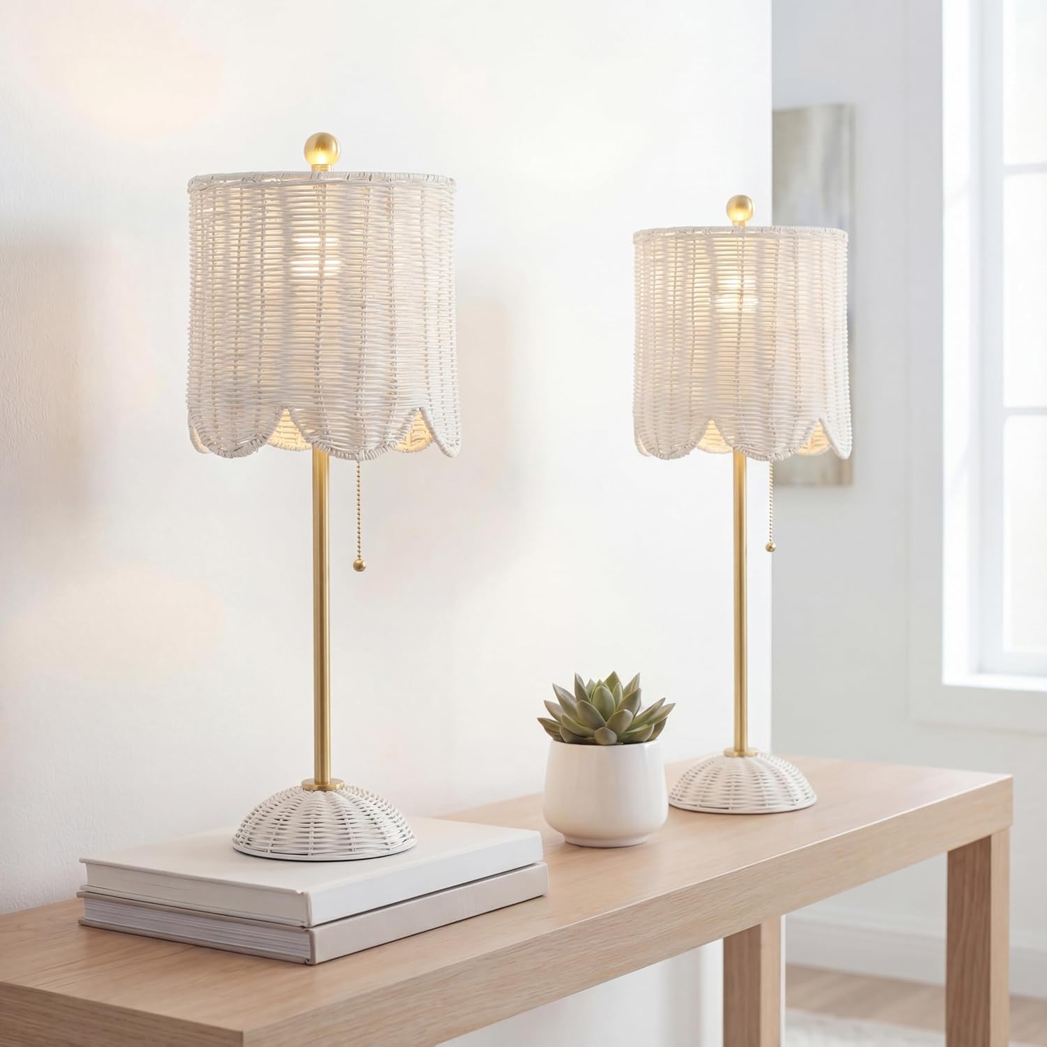 JONATHAN Y 27.5" White/Brass Gold Coastal Buffet Table Lamp Set of 2 for Bedroom, Boho Table Lamps with Natural Rattan Scalloped Shade, Pull Chain, LED Bulbs Included (JYL1138B-SET2)