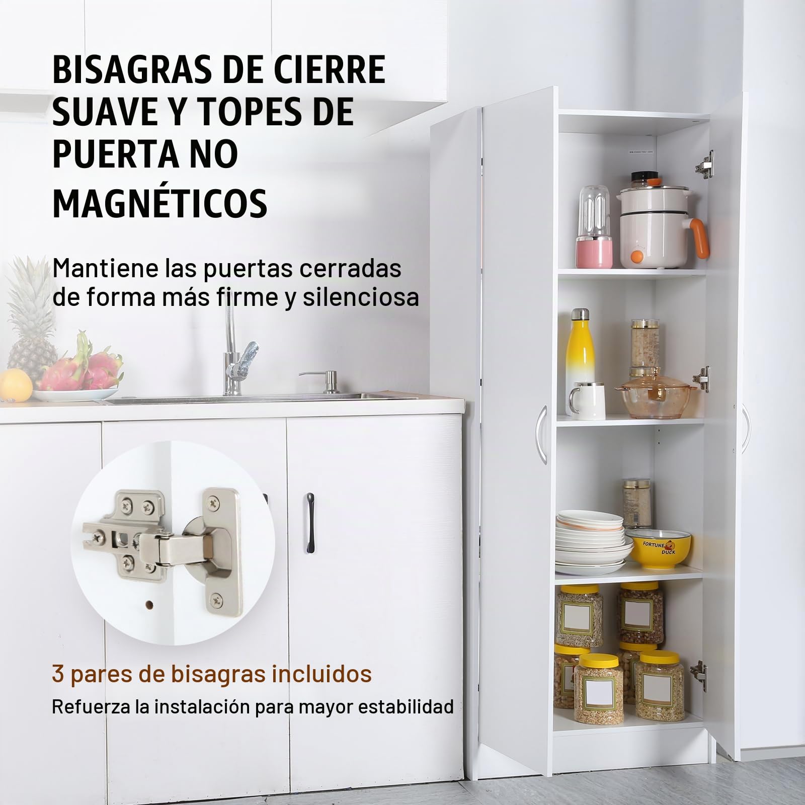 VEVOR Gabinete de Despensa de Cocina, Gabinete de Almacenamiento de Despensa de Alimentos de 305 x 610 x 1529 mm, Gabinete de Almacenamiento Independiente con 3 Estantes(2 Ajustables), Blanco