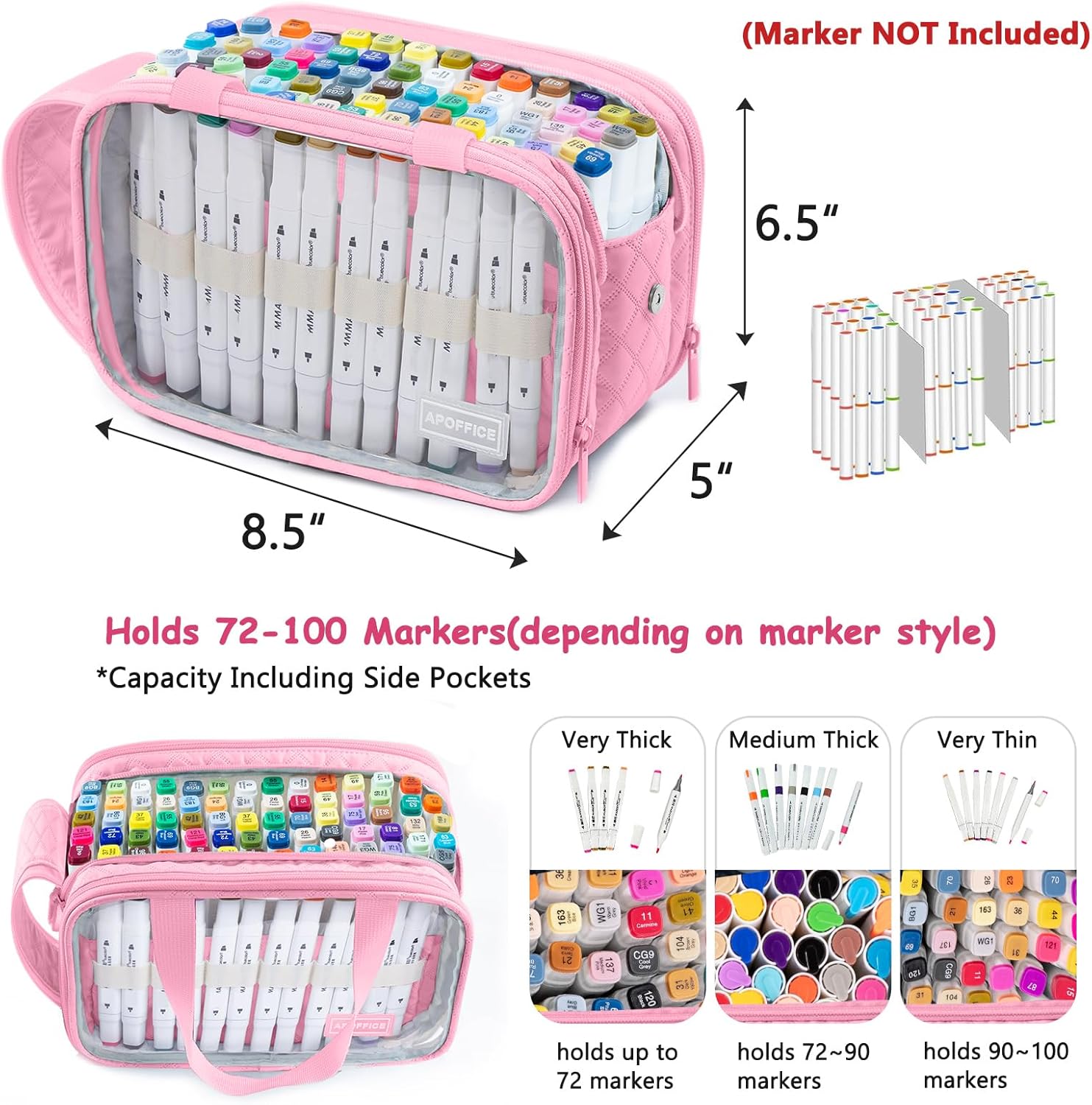 Marker Organizer Case – Holds 72-96Markers | Portable Art Marker Storage Bag with Clear View Panels & Removable Dividers | Marker Holder for Alcohol Markers, Pens, Craft Supplies(Case Only)