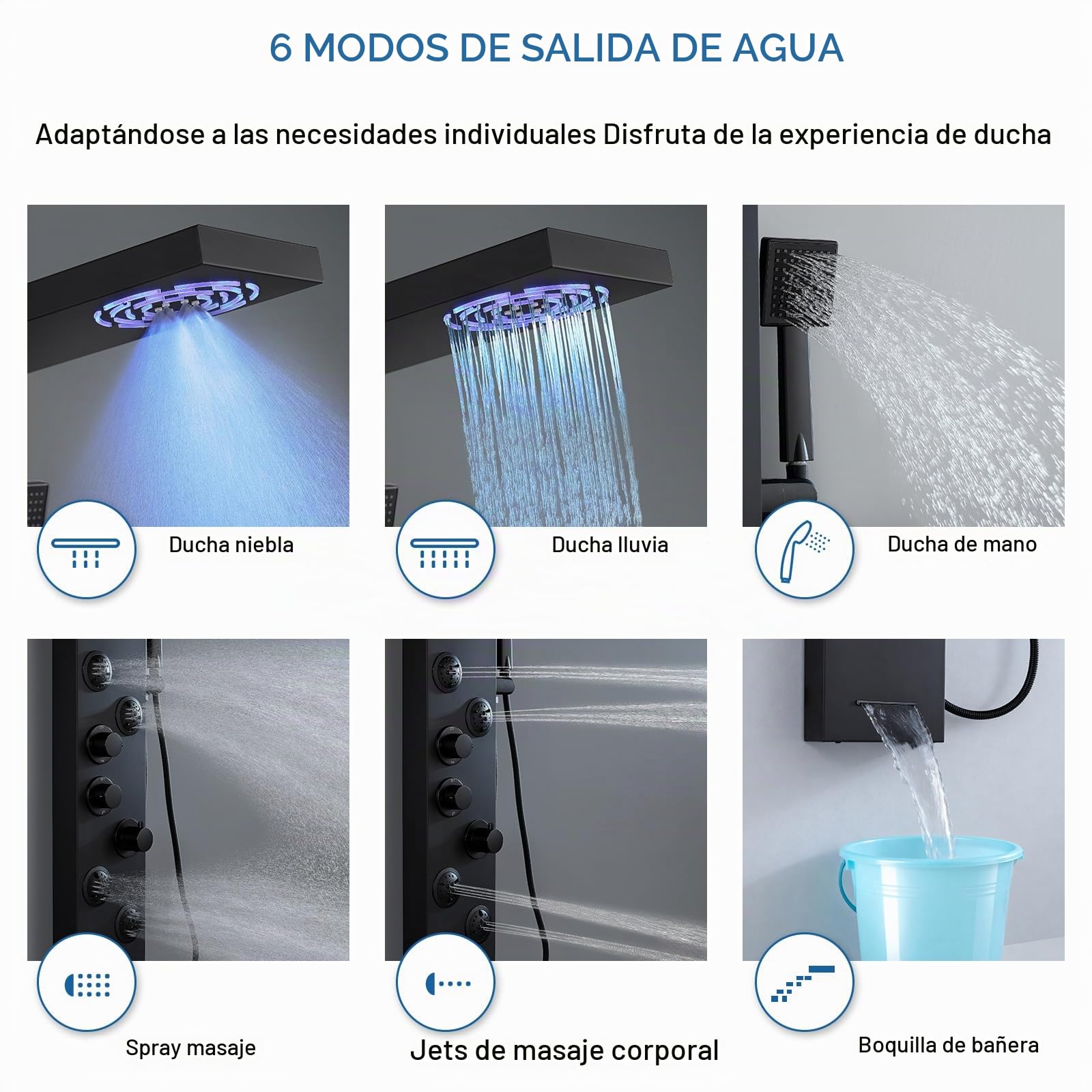 Sistema termostático de panel de ducha – 6 modos de columna de ducha con LED lluvia y niebla, 4 chorros de cuerpo de masaje, auricular y boquilla de baño, acero inoxidable, negro mate