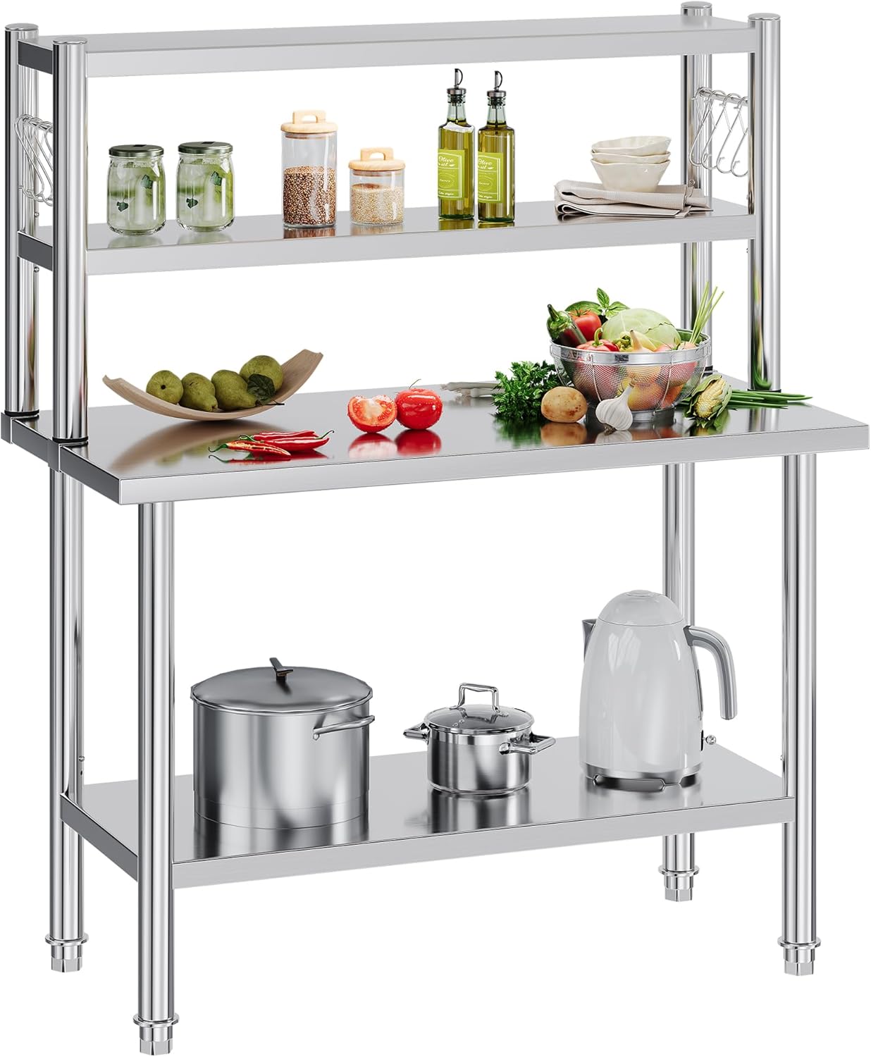 Jocisland 48"x24" NSF Stainless Steel Work Table with Overshelves, Adjustable Shelf & Hooks, NSF-Certified Heavy-Duty Prep Station for Commercial Kitchen, Restaurant, or Garage