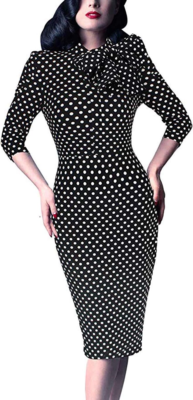 Women's 1950s Retro 3/4 Sleeve Bow Cocktail Party Evening Dress Work Pencil Dress (Large, Black White Dot)