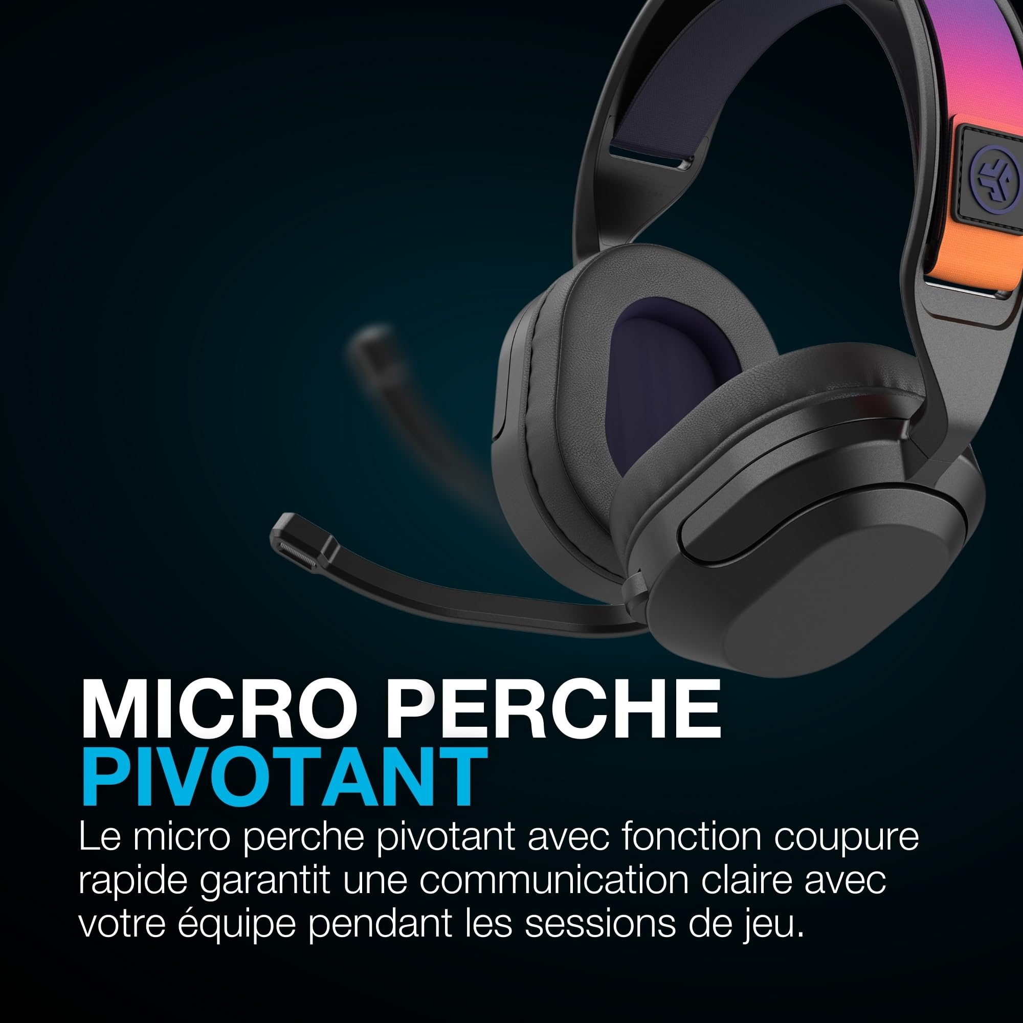JLab Nightfall Casque de Jeu sans Fil Over-Ear avec Microphone - Bluetooth | Casque Gaming pour PC/Playstation/Nintendo Switch, Haut-parleurs 50 mm, Coussinets Mousse Cloud, Isolation