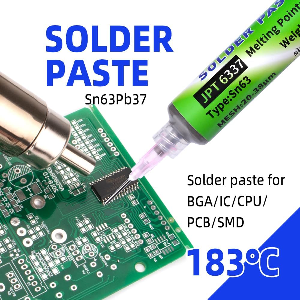 Sn63/Pb37 Tin Solder Paste, 183℃ Melting Point, 20-38µm Tin Paste For Electronic, Soldering Flux for PCB, IC, BGA, SMD Repair (5 Pack)