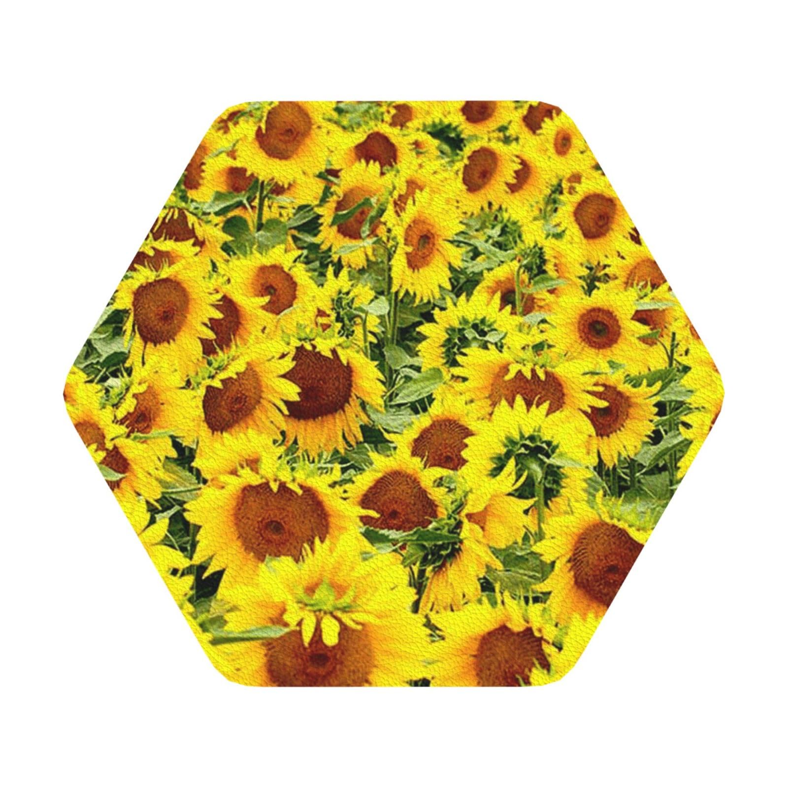 Sunflowers PU Leather Coasters Set of 6 Hexagon Drink Coasters