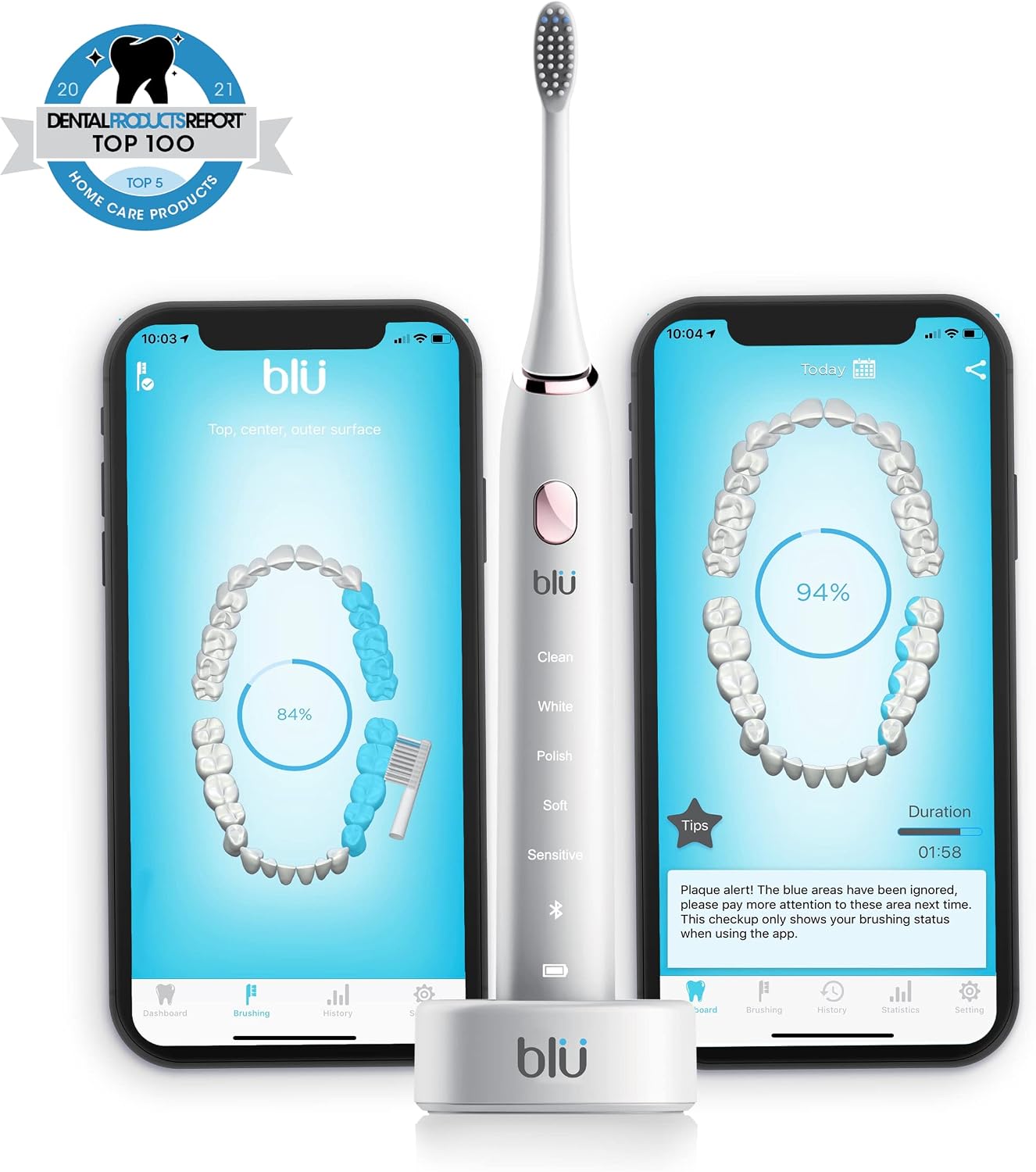 Blu Smart Sonic Electric Toothbrush for Adults with Bluetooth App, Real-Time Brushing Tracking, Rechargeable Deep Cleaning Toothbrush (White)
