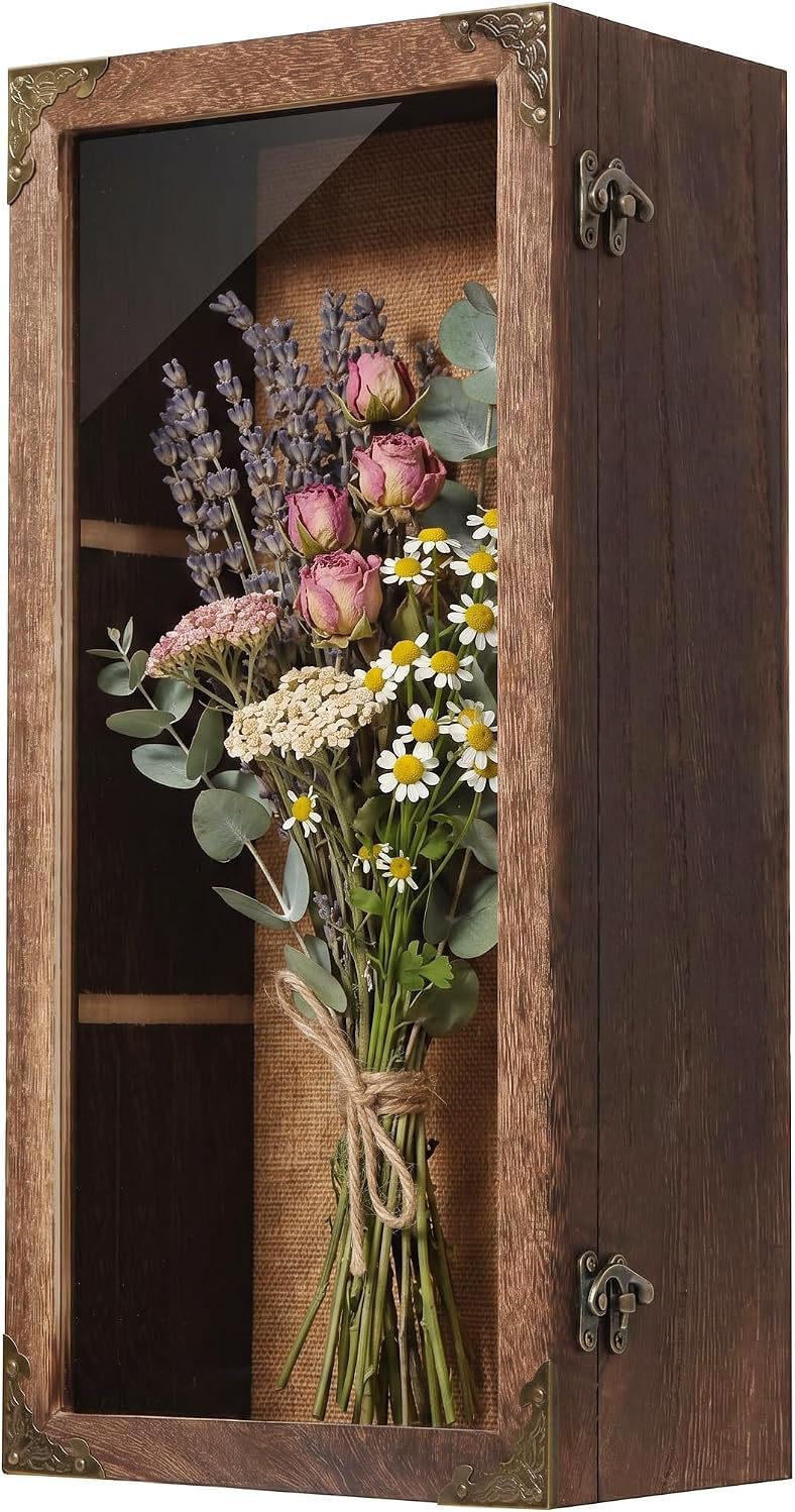 Shadow Box Frame 8x16 with Real Glass Door, Extra Deep 4 Inch Memory Display Case, Solid Wood Shadow Box Display for Medals, Collectibles, Photos, Flowers, Wall or Tabletop