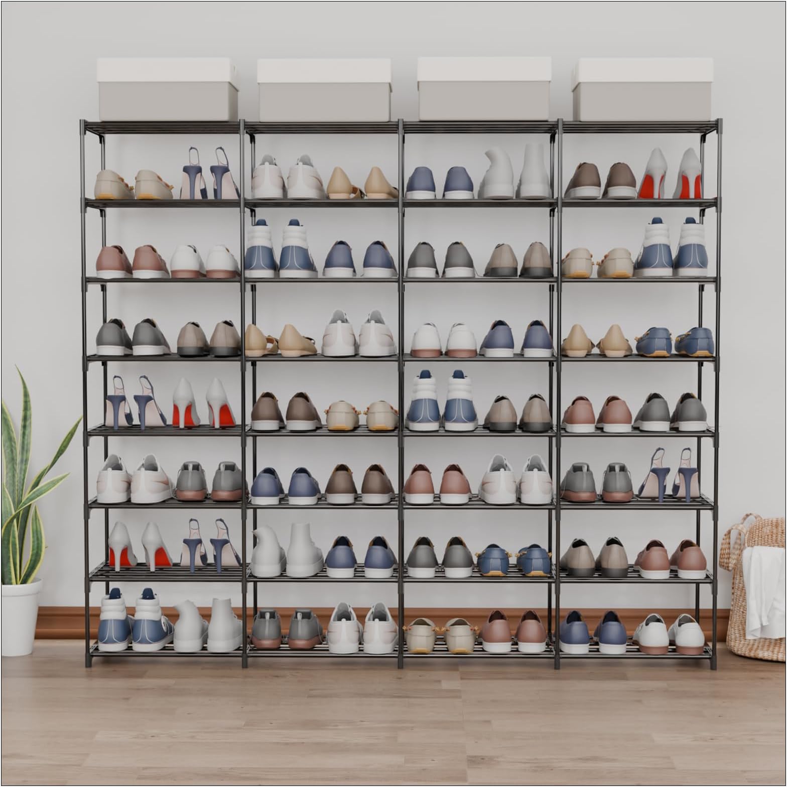 SMILHELTD Large Shoe Rack 8 Tier 64 Pairs for Entryway, Heavy Duty Storage Shelves Unit with Customizable Height for Boots, Space Saving Organizer for Hallway Garage (66.1" W x 49.2" H)
