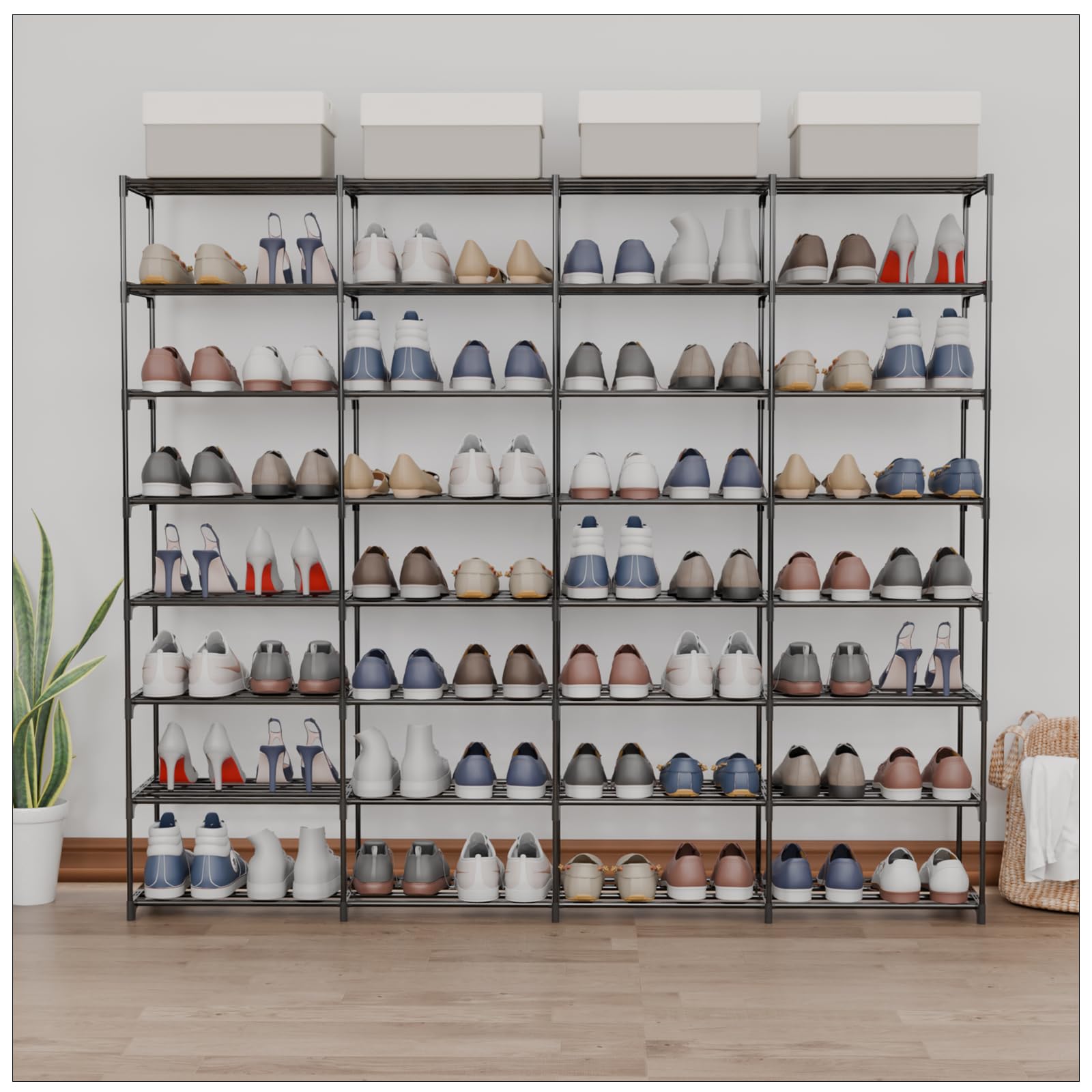 SMILHELTD Large Shoe Rack 4 Rows 8 Tier 56-64 Pairs Big Shoes Storage Organizer Garage Entryway Hallway Front Doorway Shoe Shelves Space Saving for Whole Family (66.1" W x 49.2" H x 10.8" D)