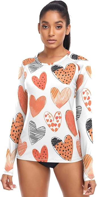 panksolu Doodle Heart Pattern Rash Guard for Women Long Sleeve Swimsuits UPF 50+ Surf Swimsuits Top.XS