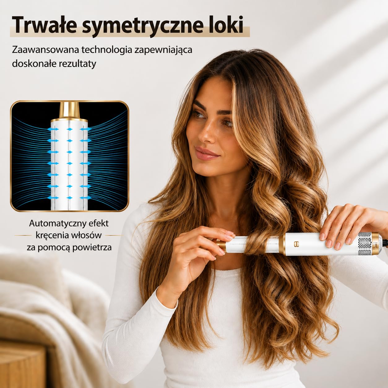 Golden Goods Airstyler Lokówka 5 w 1 - Szczotka do loków - Wielofunkcyjna suszarka do włosów z 5 nasadkami - Prostownica 1000 W - edycja biała/złota