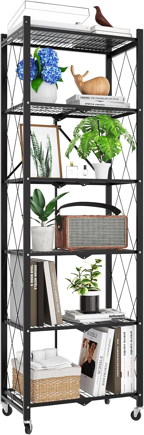 72" H 6 Tier Foldable Storage Shelf with Wheels, Folding Shelving Loads 600 LBS, Metal Steel Garage Shelves, Rolling Standing Utility Rack for Kitchen, Pantry, Office, Black Black 6 Tier