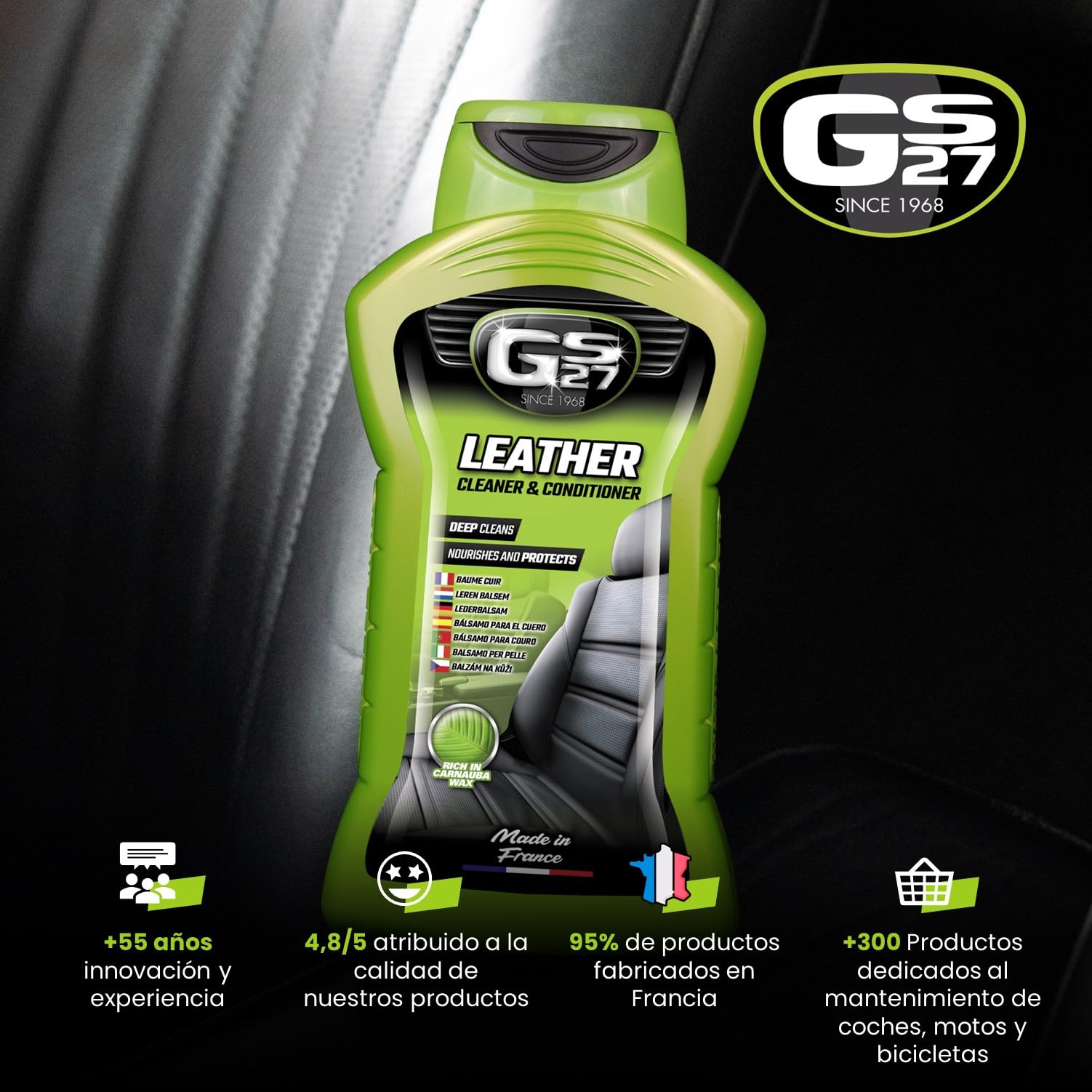 GS27 - Bálsamo para Cuero de Coche - Cuidado del Cuero de Coche Natural, Tintado o de imitación - Protege e impermeabiliza - 375 ml