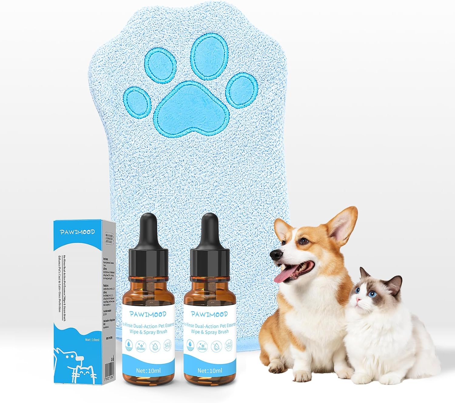 2PCS Concentrated Waterless Shampoo Essence with Pink Grooming Glove, No-Rinse & Lick-Safe Essence for Steam Brushes, Gentle Care for Cats/Kittens/Seniors, Manage Shedding & Freshness (2, Blue Glove)