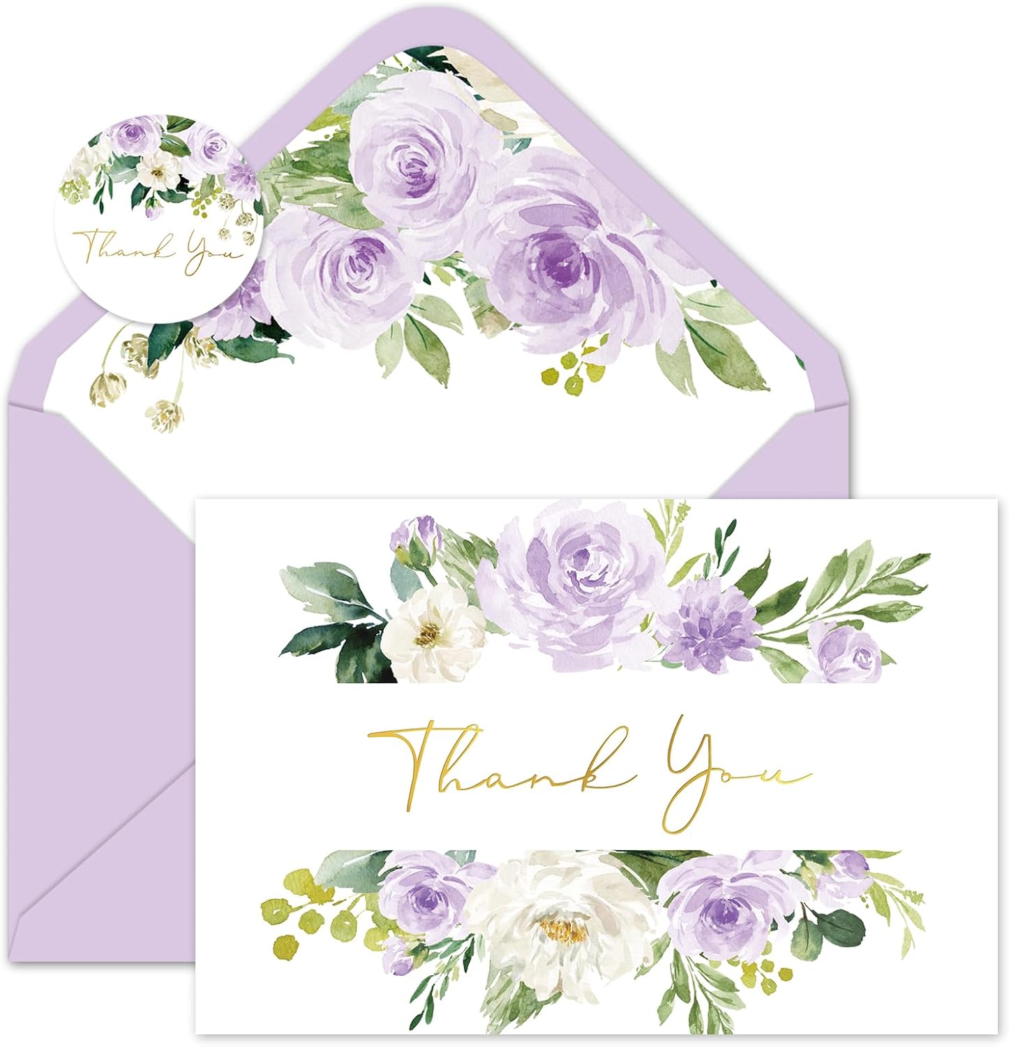 Whaline 24 Pack Floral Thank You Cards Bulk Watercolor Purple Flower Foil Gold Thank You Note Cards with Envelope Sticker for Wedding Bridal Shower Birthday