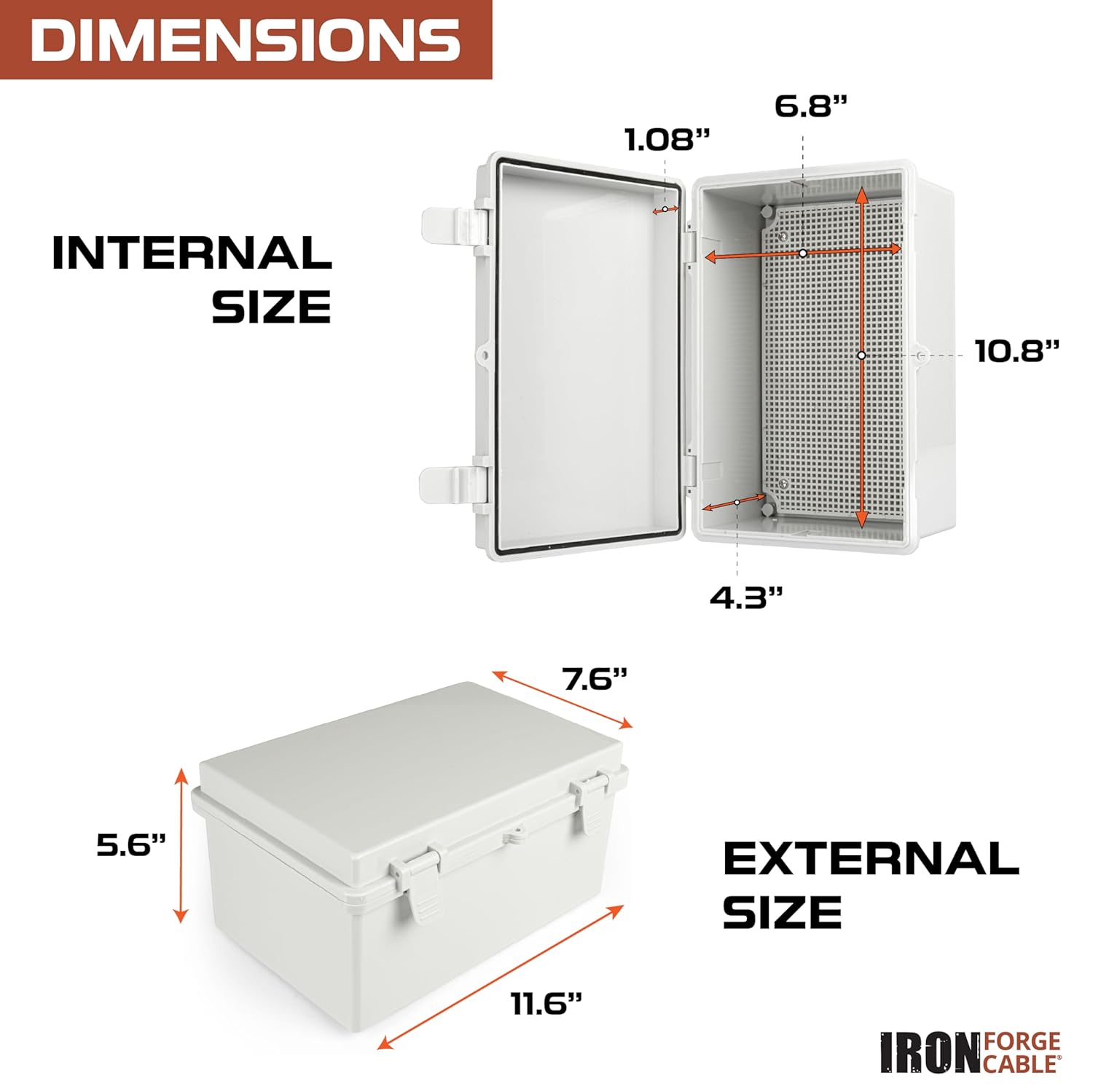 Iron Forge Cable Outdoor Junction Box with Mounting Plate & Complete Accessories - 11.6 x 7.6 x 5.6 in, Dustproof Waterproof Universal Hinged Enclosure Light Gray