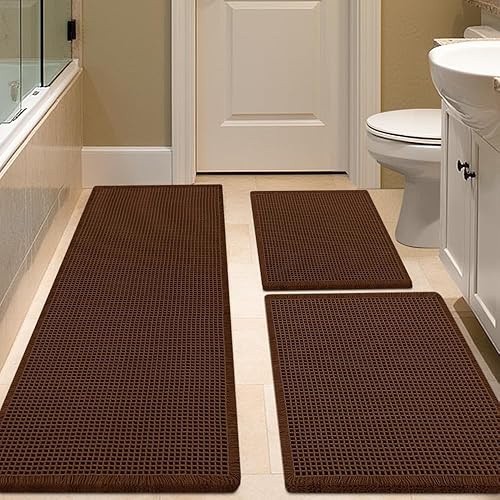 Miniatura 33 de Juego de alfombrilla de baño IM HOME 3 piezas beige, alfombrillas de baño modernas tejidas, alfombrilla de baño antideslizante absorbente,