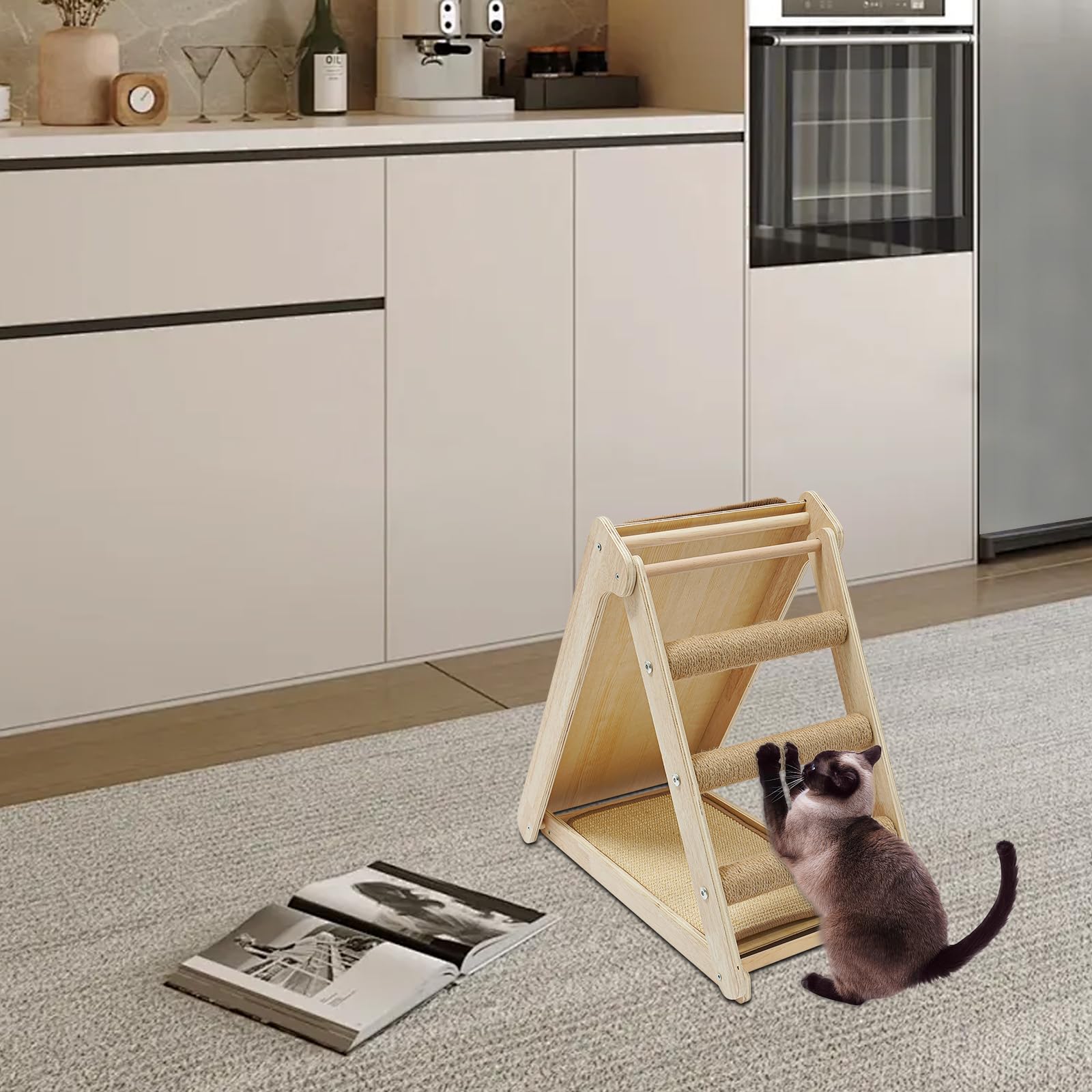 Tabla rascador para gatos de primera calidad, triangular, sisal natural y madera maciza, diseño inclinado para un cuidado saludable de las uñas, arañazos montados en el suelo, tabla rascador