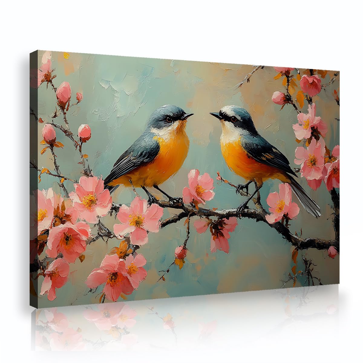 CHERHERART Romantic Country Style Canvas Prints Birds Cherry Blossom Branch Canvas Wall Art Impressionist Spring Summer Poster for Living Room 55x85cm Innerframe
