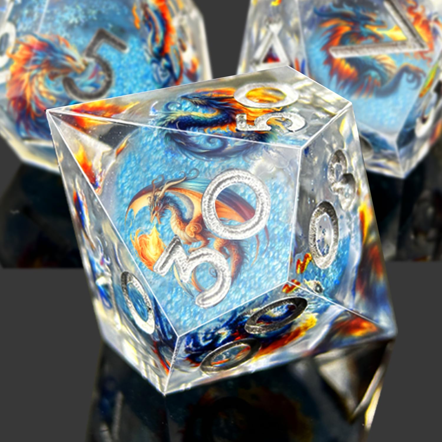 DND Dragon Resin Dice Set 7 Pcs Polyhedral Dice/Transparent Resin Dice with Embedded Dragon Phoenix Art, Premium Tabletop Game Dice for TTRPG, Pathfinder, MTG (Blue & Silver)