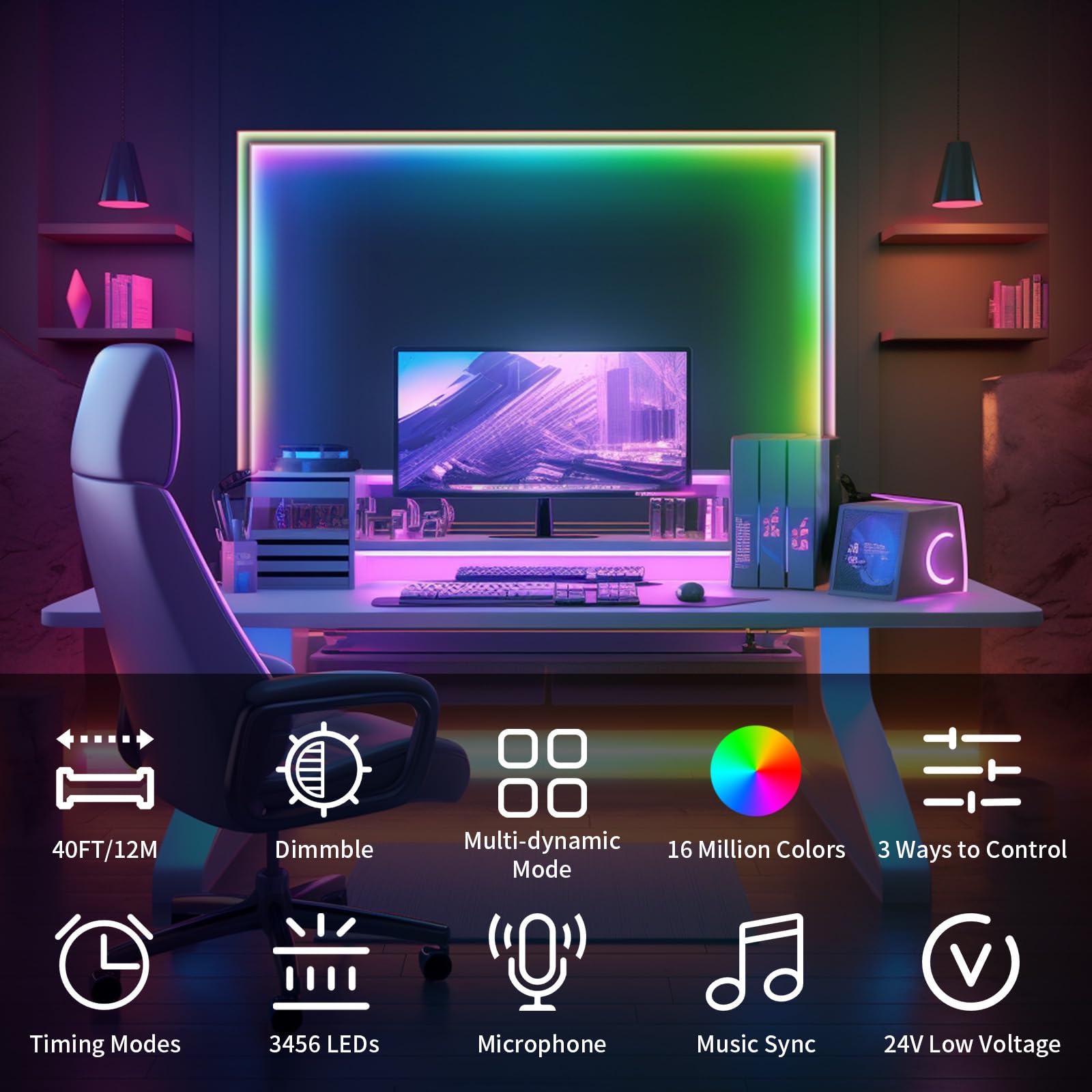 BUNACET 40ft COB RGB+IC LED Strip Lights, Bright Dream Color COB LED Light Strip with RF Remote App Control Music Sync Color Changing for Game Room Bedroom Kitchen Lighting Home Decor?2 Rolls?