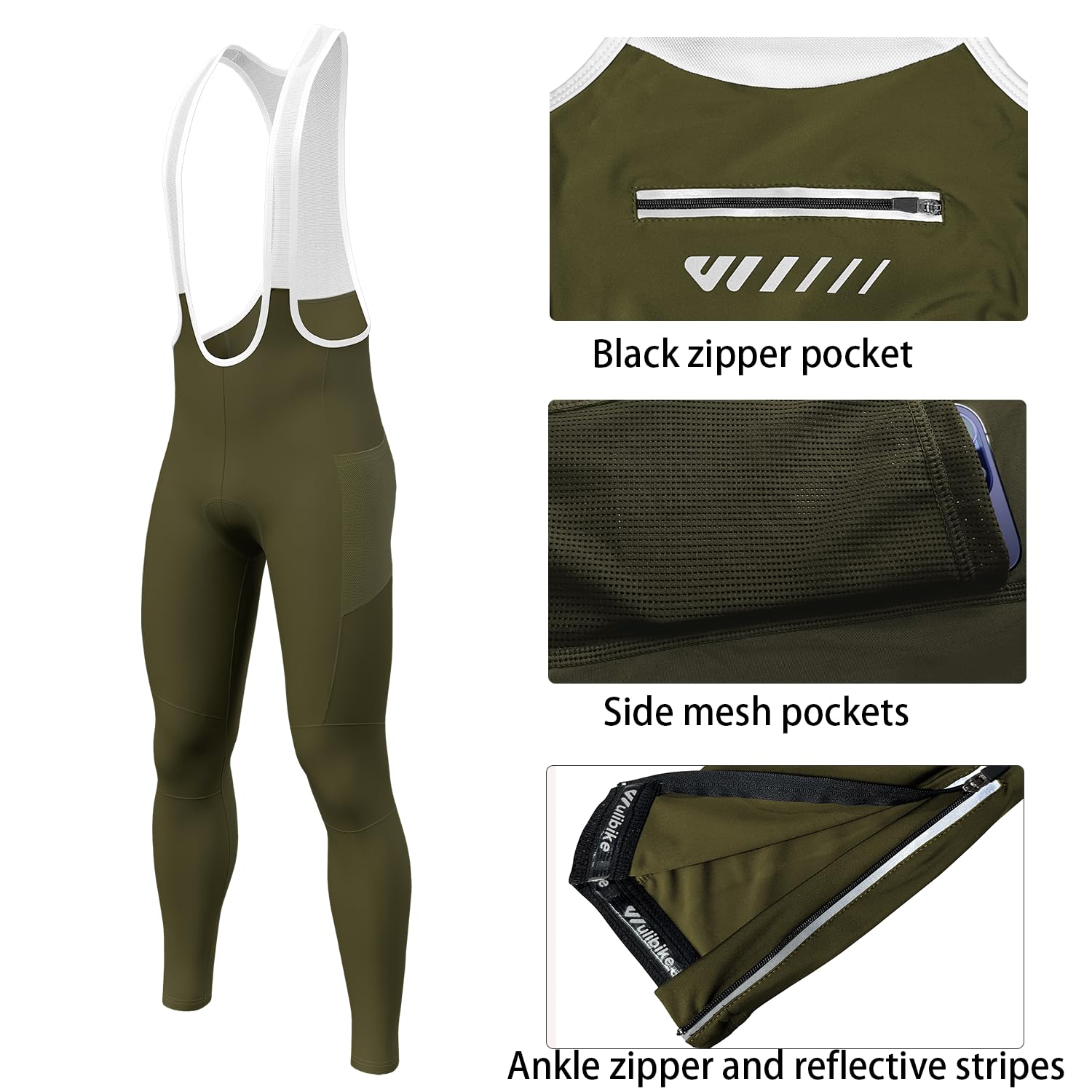Logas Pantalon de cyclisme rembourré pour homme avec bretelles et poches