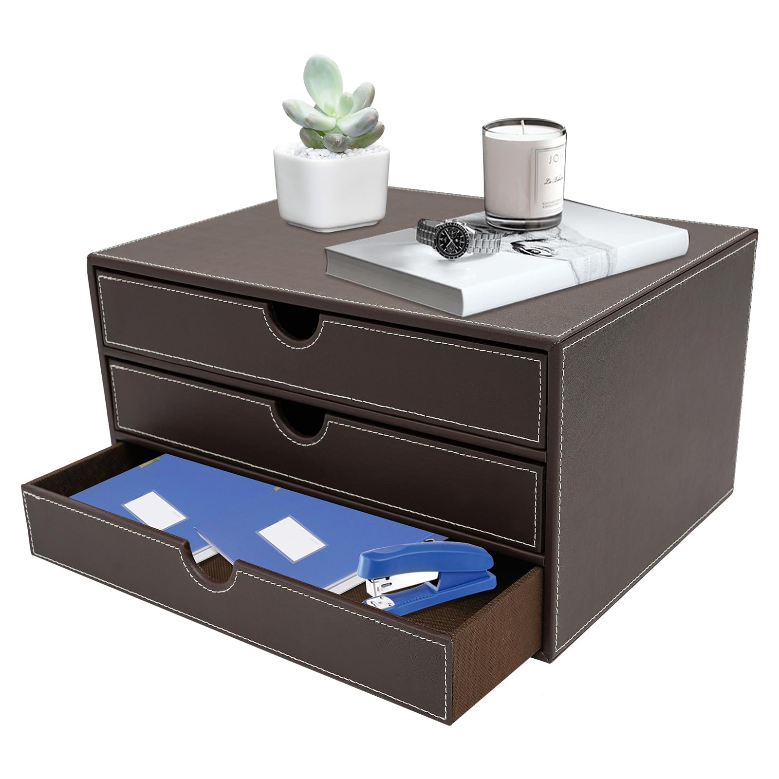 Bandeja para archivos de 3 niveles de piel sintética con cajones, elegante organizador de oficina en café, alta capacidad de carga 20 kg, para documentos y carpetas en la oficina en casa y oficina, 33