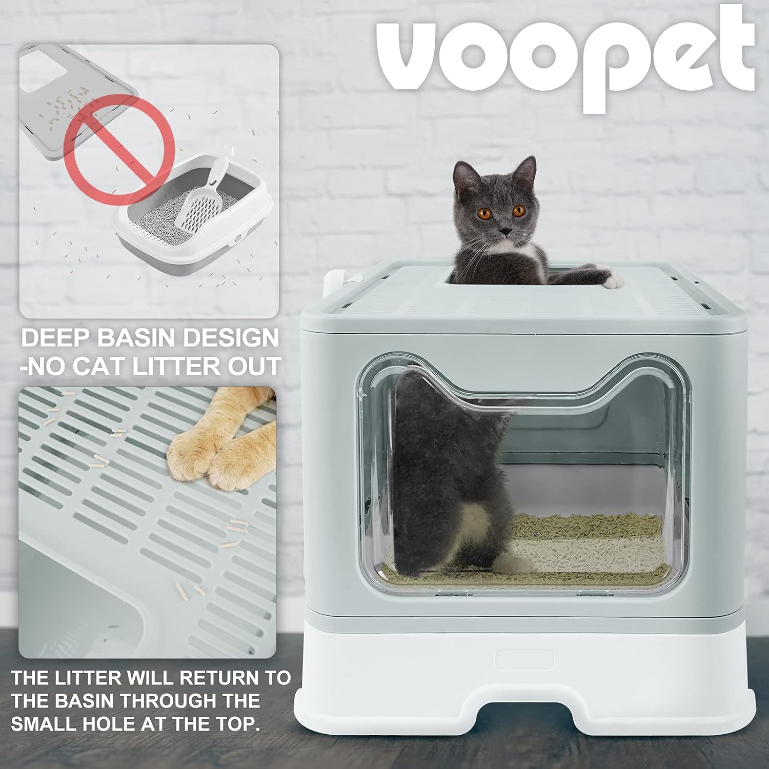voopet Foldable Cat Litter Box with Lid, Dog Proof Large Cat Litter Pan Drawer Type Enclosed Cat Potty with Cat Litter Scoop Easy to Scoop & Anti-Splashing, 20" L x 16" W x 15" H