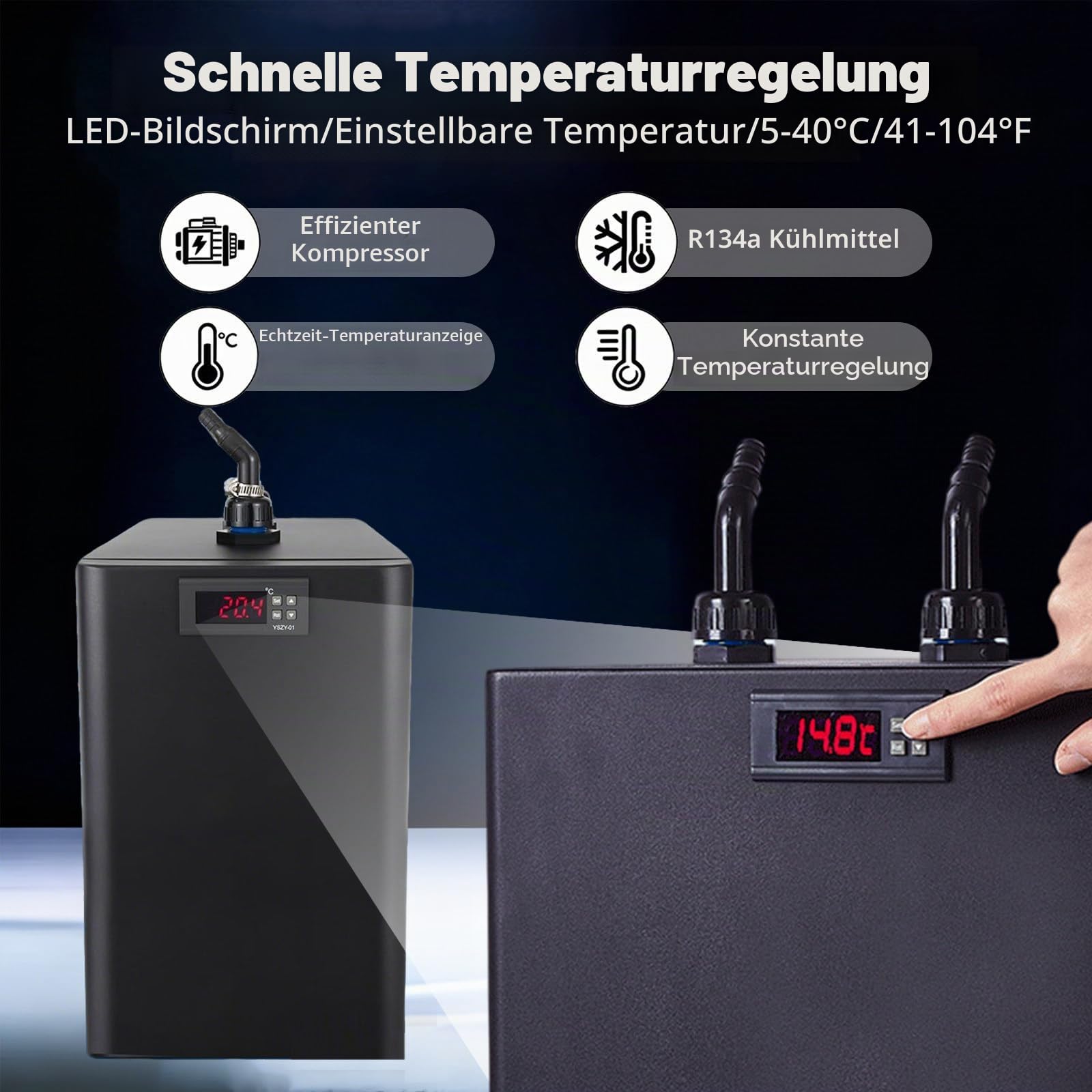 260/270/720W Water Chiller Machine, Cold Plunge Chiller, Mit 3 Meters Schlauch Und Wasserpumpe, LCD-Touchscreen, Einstellbar 5-40℃, Für Salzwasser-Axolotl-Korallenquallen 160L/42.5GAL