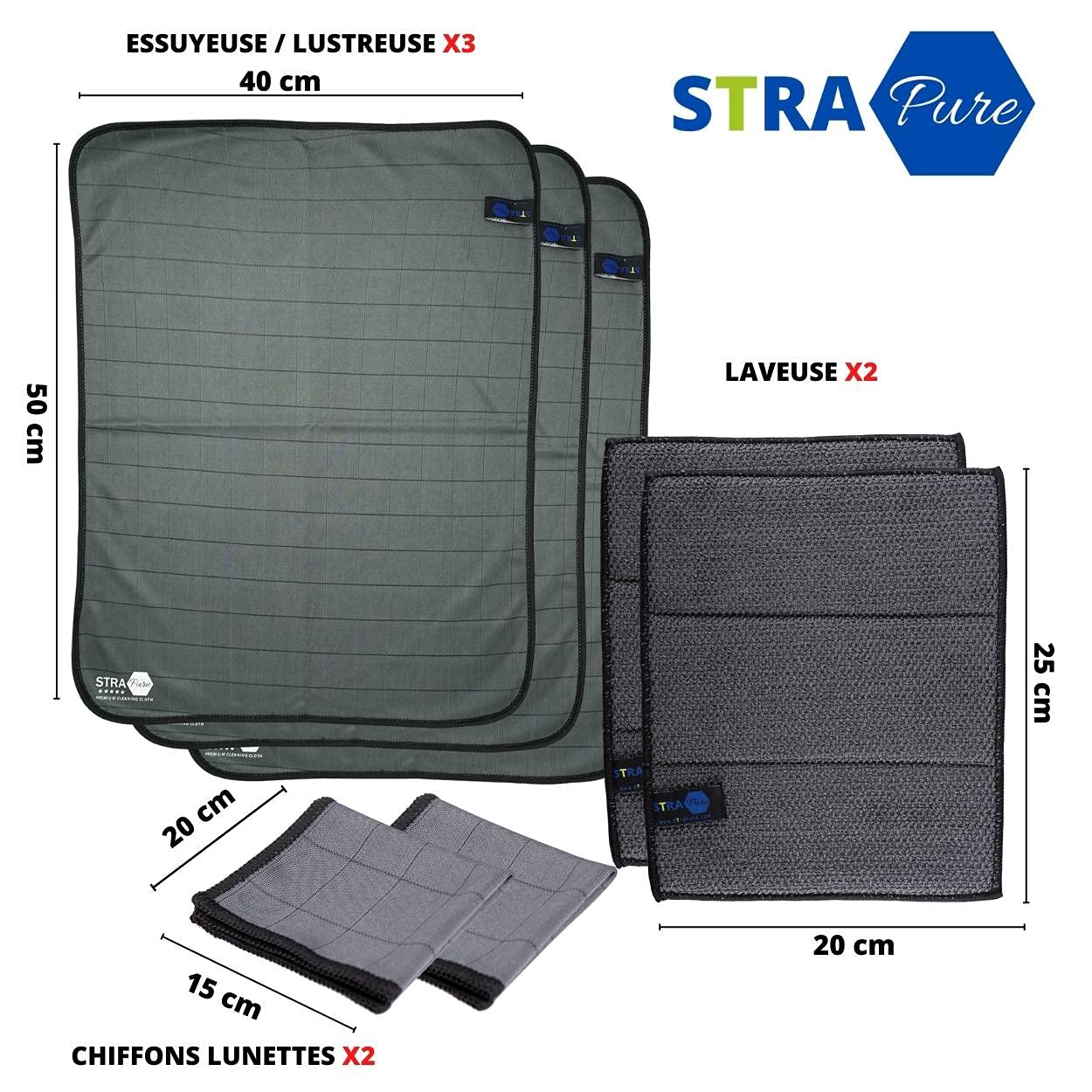 Panni in microfibra Carbonio Set di 7 panni in fibra di carbonio - Vetri mobili, carrozzeria, interni auto, schermo TV, spessore 400 gsm e fibra di carbonio 20% nero