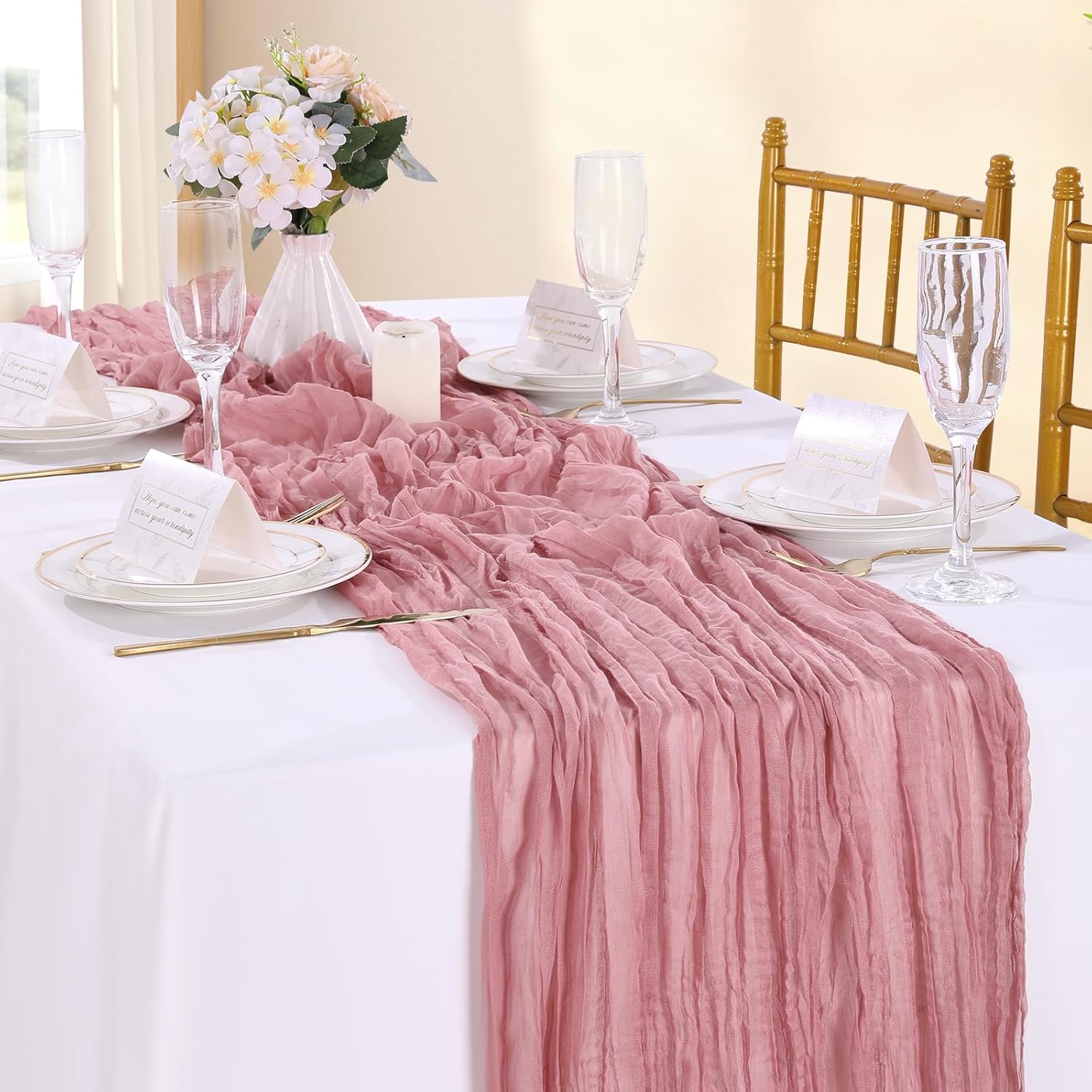 12 Packs Dusty Rose Table Runners 36x120 Inches Cheesecloth Table Runner Boho Vintage Table Lines for Wedding Bridal Shower Baby Shower Decorations