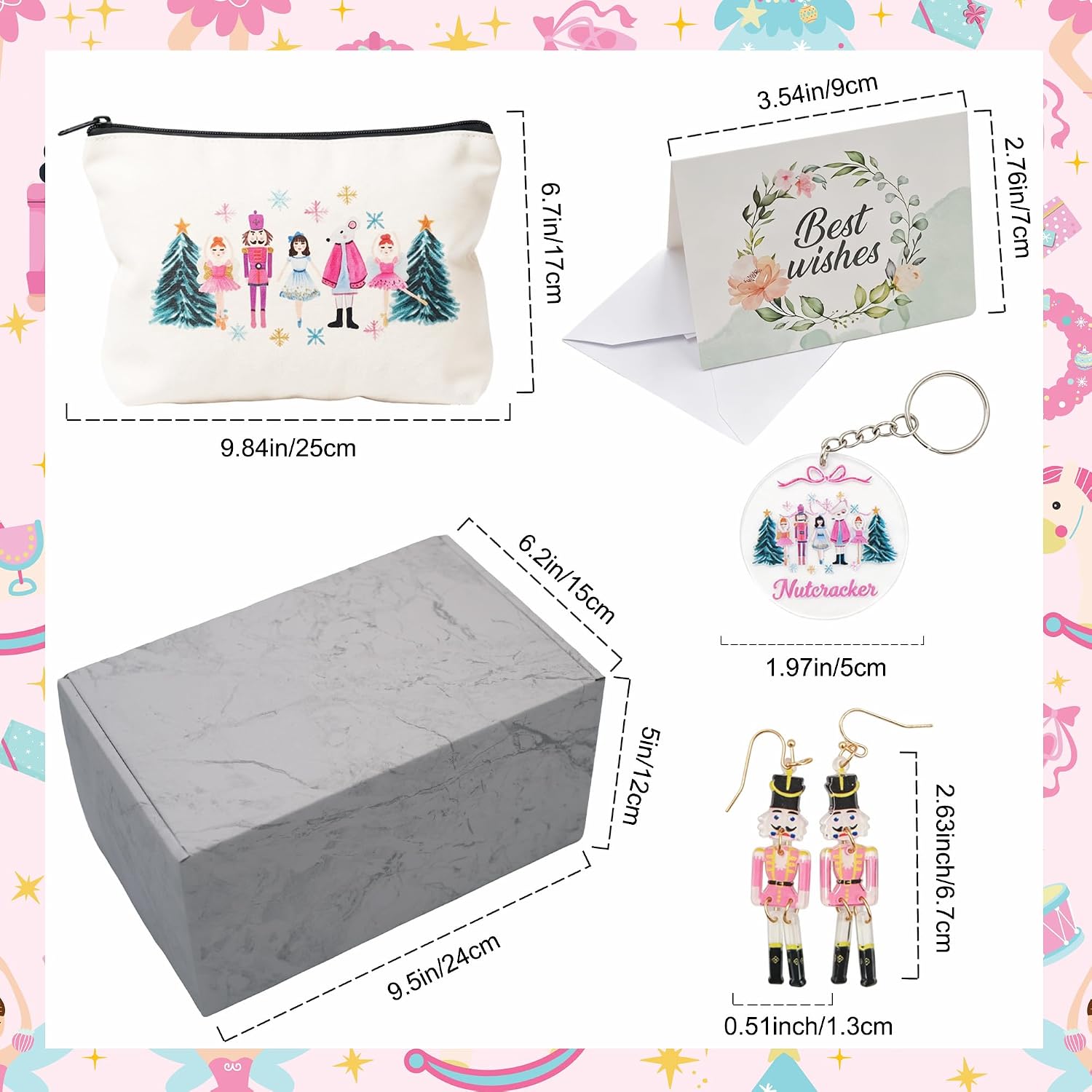 Kinyanco 8 Pieces Nutcracker Gift Set for Women and Girls Christmas Nutcrackers Gifts Ballet Lovers Birthday Gift with Can Glass Socks Makeup Bag Canvans Tote Bag Keychain Earring Greeting Card