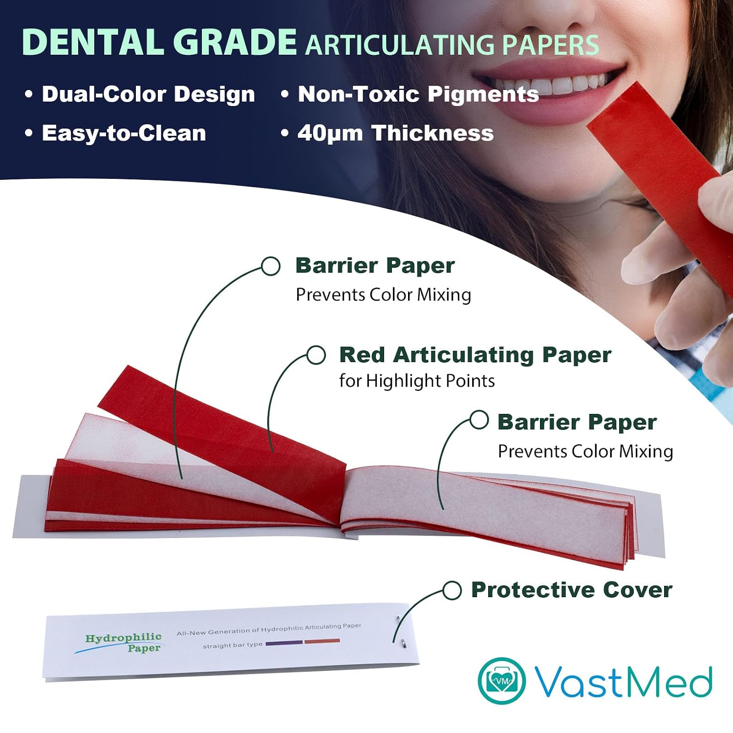 1200 Sheets Dental Articulating Papers by Vastmed | Straight Shape Micron Bite Articulating Paper Doubled Side for Occlusal Adjustment - Thin Red
