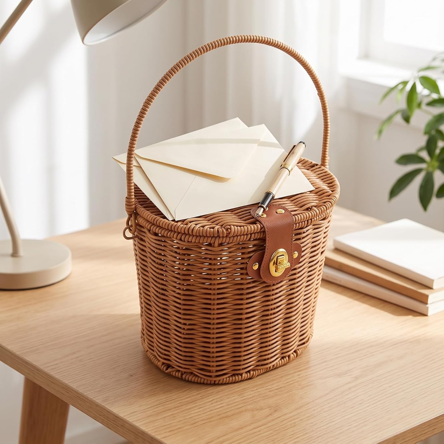 Handheld Oval Wicker Basket with Clasp | Faux-Leather Strap Detail, Picnic Basket with Handle, Easy to Carry, for Picnics, Gift Presentation, Home Organization, Without Cloth image 3