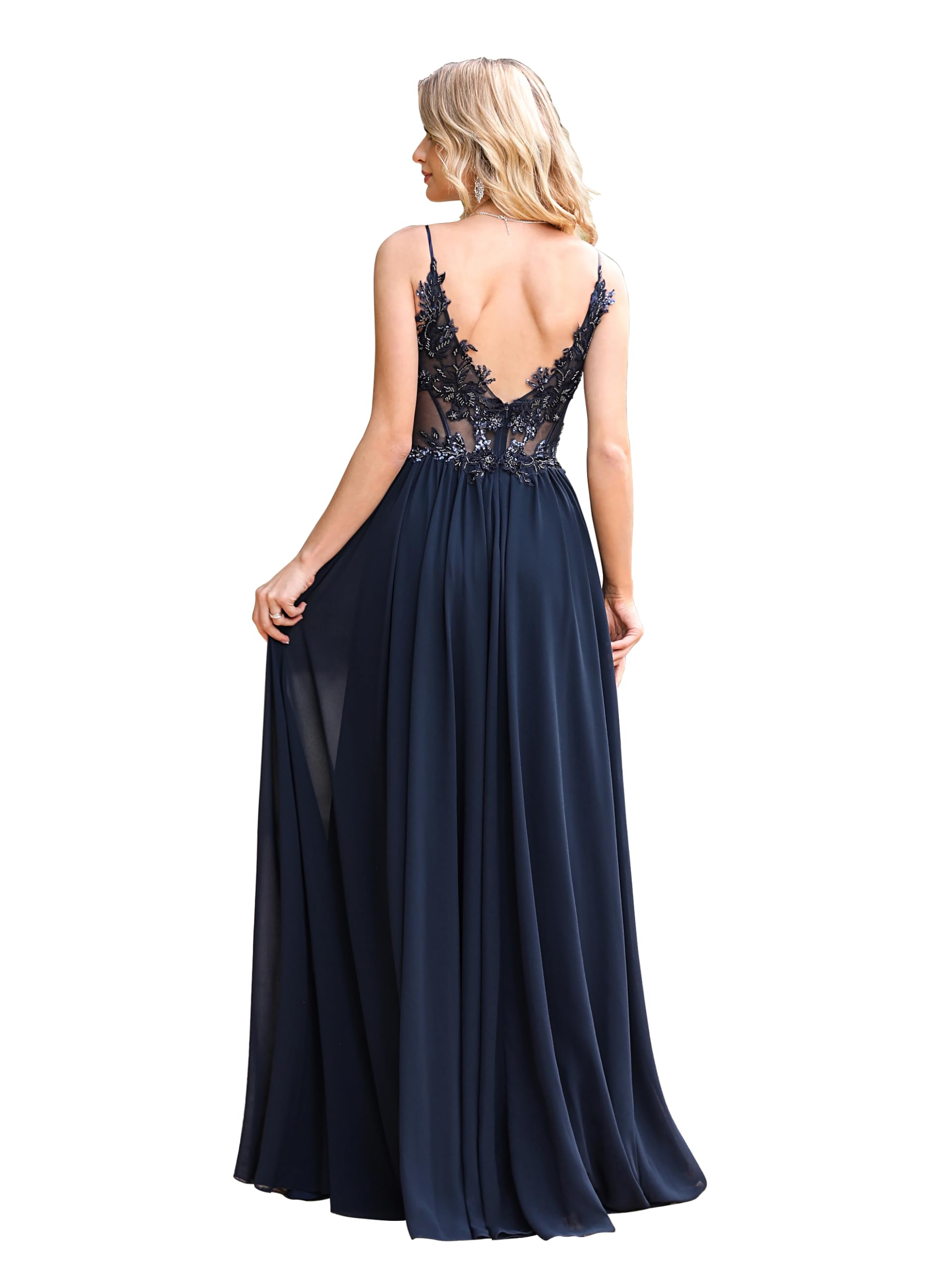 Misshow Lussuoso Abito da Sera Cerimonia Lunga Paillettes Perline con Appliques Pizzo Floreale in Chiffon