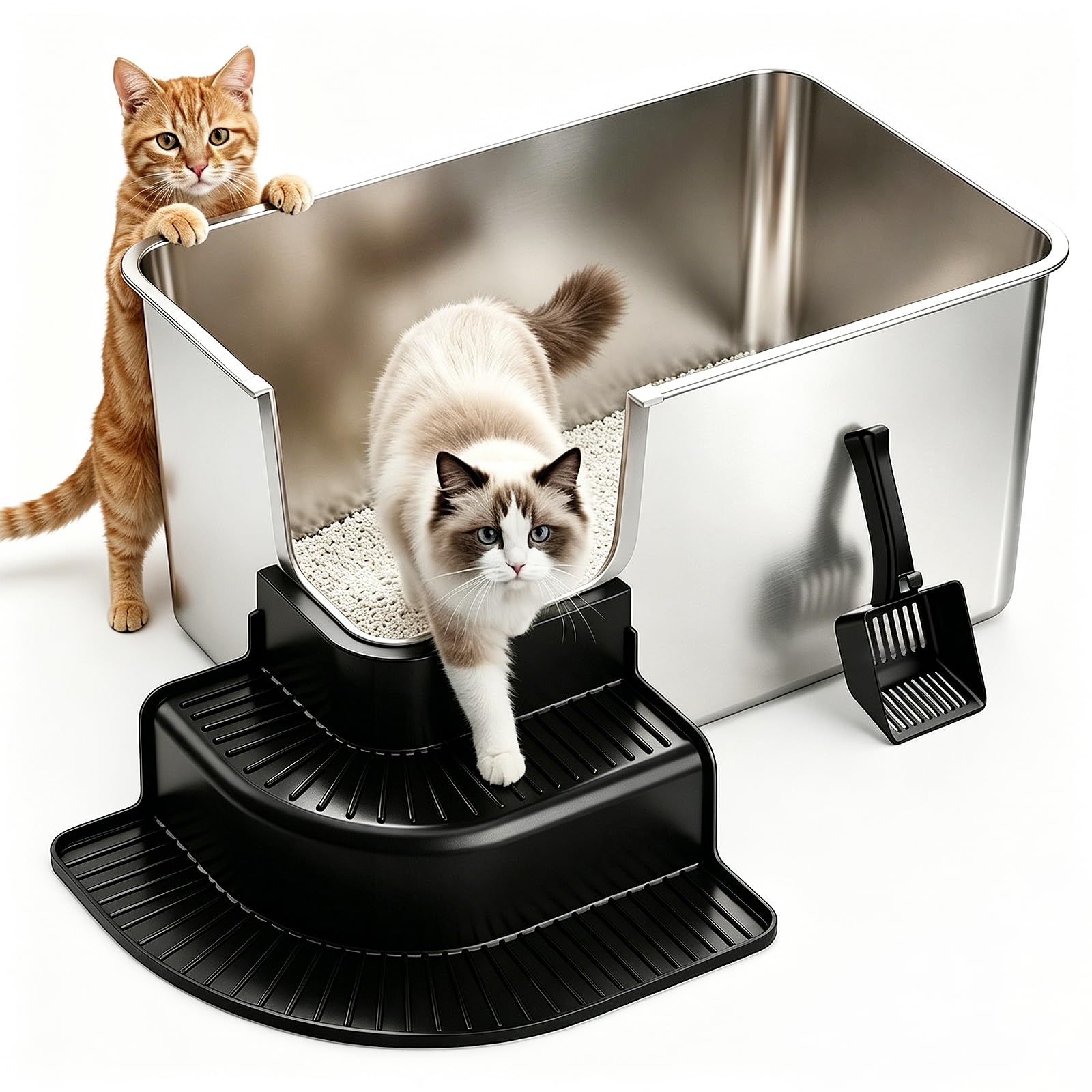 57,7 x 36,6 x 30 cm Edelstahl-Katzentoilette, auslaufsicher, 30 cm, Metallhohe Seiten, Katzentoilette für Urin und Streu, für Kätzchen, ältere Katzen, antihaftbeschichtet, rutschfest, keine Gerüche