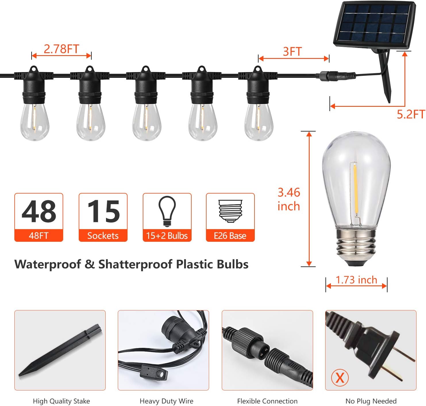 PARTPHONER 48FT LED Solar String Lights Outdoor, Waterproof Hanging Lights with 17 Shatterproof Vintage Edison Bulbs(2 Spare), Commercial Grade Patio Lights for Backyard Patio Porch Café