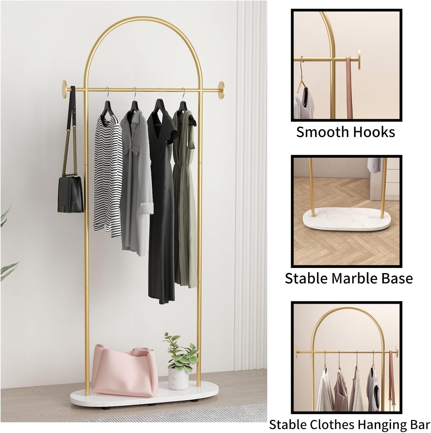 Gold Clothing Rack with Marble Base, Modern Gold Coat Racks Freestanding with 2 Hooks, Heavy Duty Clothes Rack, Coat Rack Stand for Entryway, Bedroom, Living Room, Boutiques - Image 2