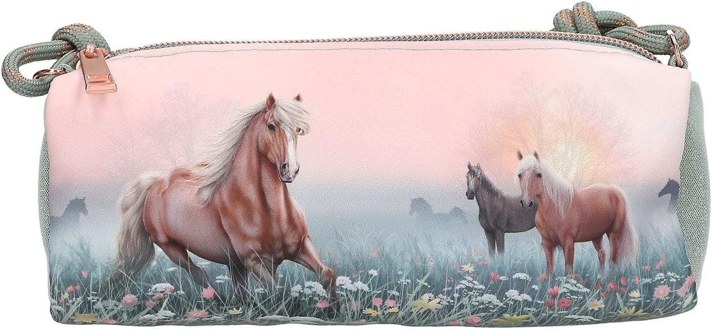 Depesche 13404 Miss Melody Romantic Fields Pencil Holder in Green and Pink with Horse Motif Flowers and Glitter, Pencil Holder with Drawstring Straps