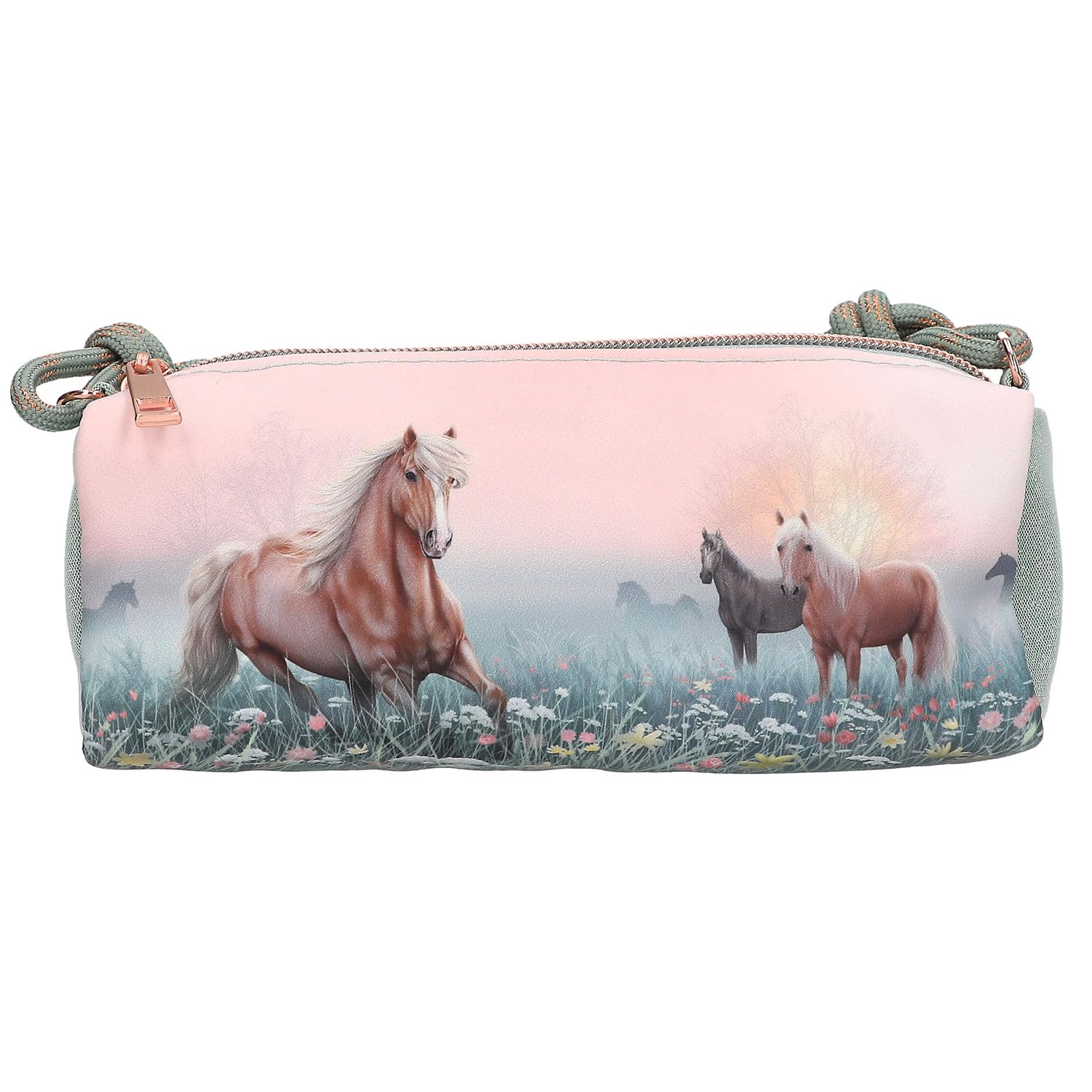 Depesche Miss Melody Romantic Fields 13404 Trousse à Crayons avec Cordon de Serrage Motif Cheval, Fleurs et Paillettes Vert et Rose