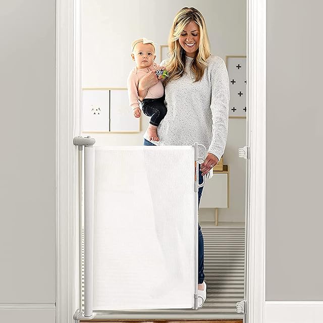 Momcozy Retractable Stair Gate for Baby, Extends up to 140cm Wide, 83cm Tall, Extra Wide Baby Safety Gate, One Handed Silent Operation Baby Gate for Stairways/Hallways/Indoor/Outdoor, White