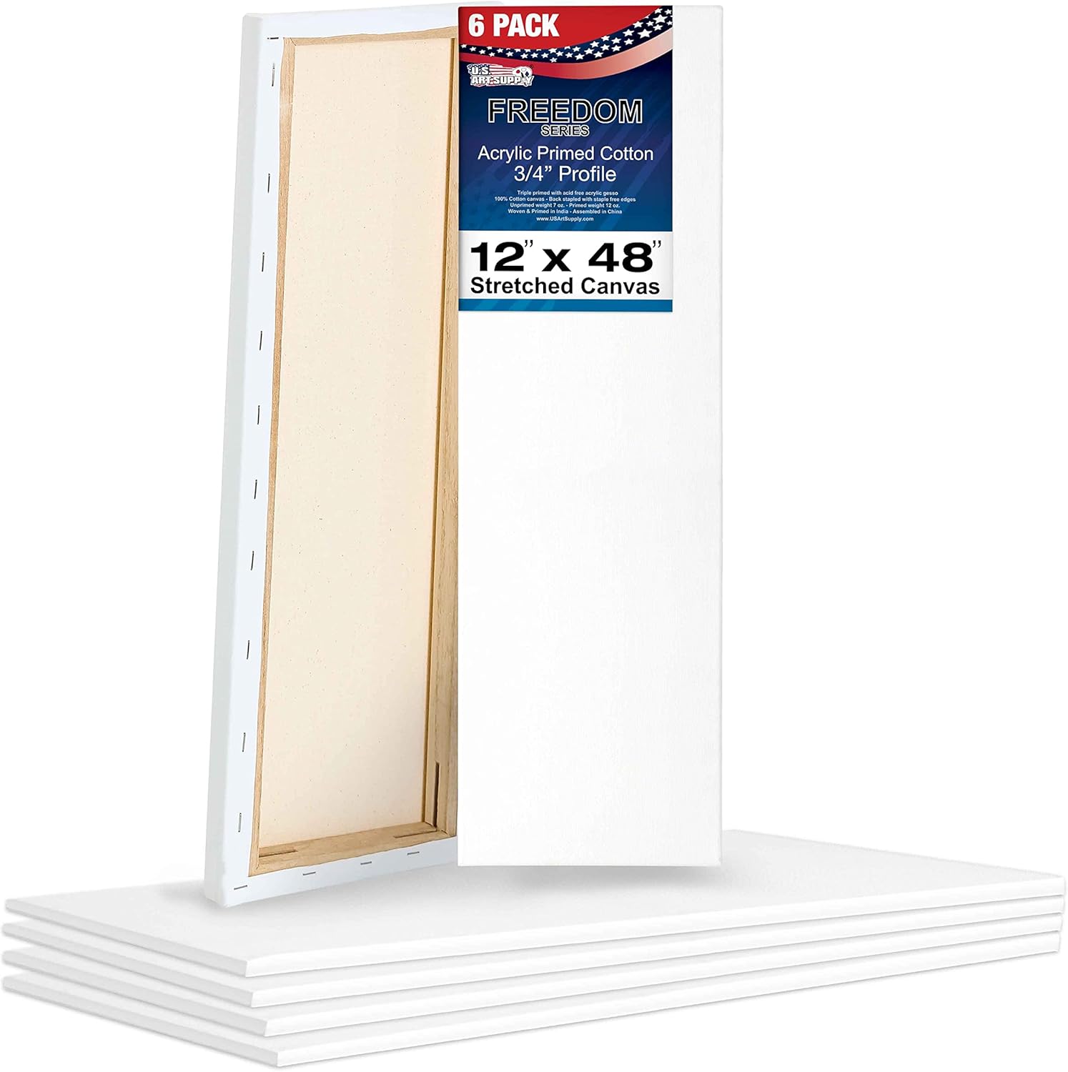 U.S. Art Supply 12 x 48 inch Stretched Canvas for Painting, 12oz Triple Primed, 6-Pack - Professional Artist Quality White Blank 3/4" Profile, 100% Cotton, Heavy-Weight Gesso - Acrylic Pouring, Oil