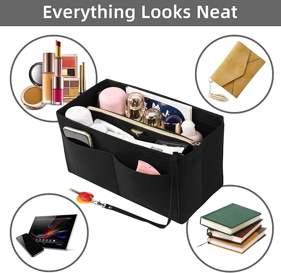 LITLANDSTAR Multi-Compartment Solid Color Felt Bag Large Capacity Makeup Bag Women Travel Large Makeup Organizer Storage Pouch Handbag Tote, Black