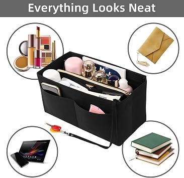 LITLANDSTAR Multi-Compartment Solid Color Felt Bag Large Capacity Makeup Bag Women Travel Large Makeup Organizer Storage Pouch Handbag Tote, Black