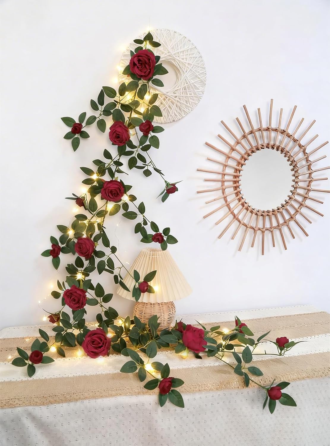 6FT Red Rose Garland with LED String Lights, Bendable Artificial Flower Garland Silk Rose Vines for Valentine Weding Home Backdrop Wall Room Decoration(Red)